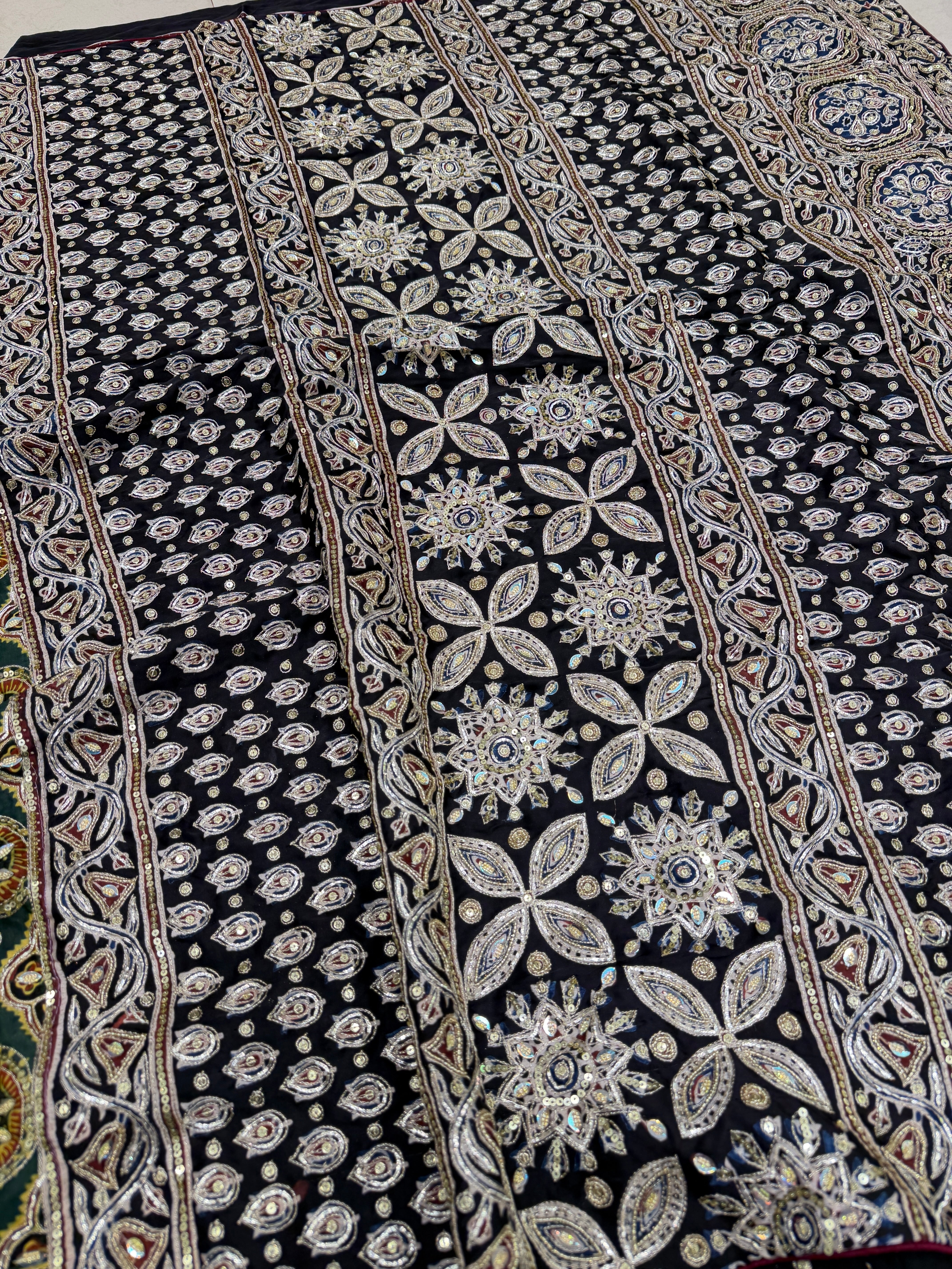 Green Jaal Pita Zardosi Sequin Ajrakh Hand Embroidery Saree