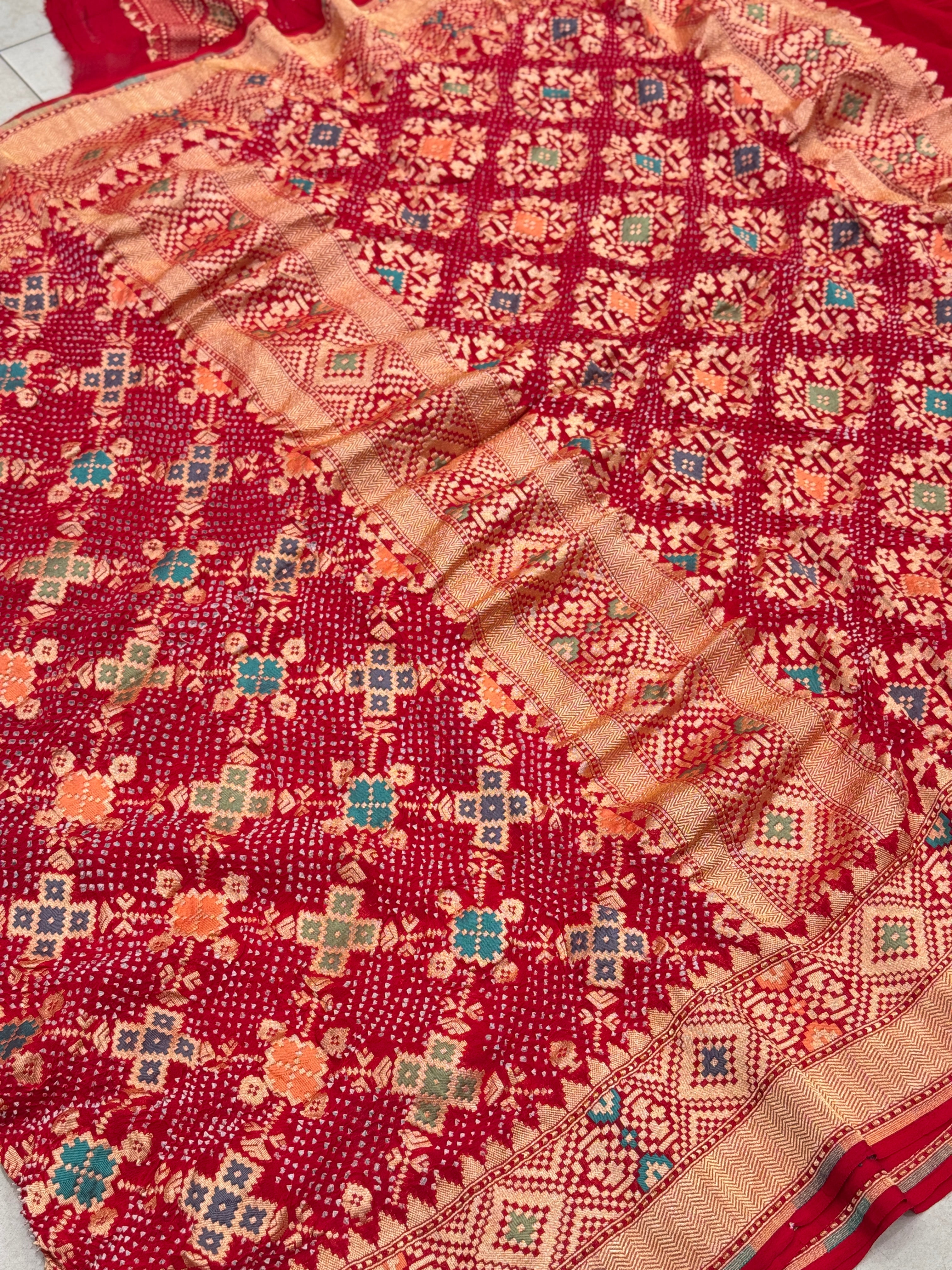 Red Handloom Meenakari Bandhej Bandhini Saree Patola Weave