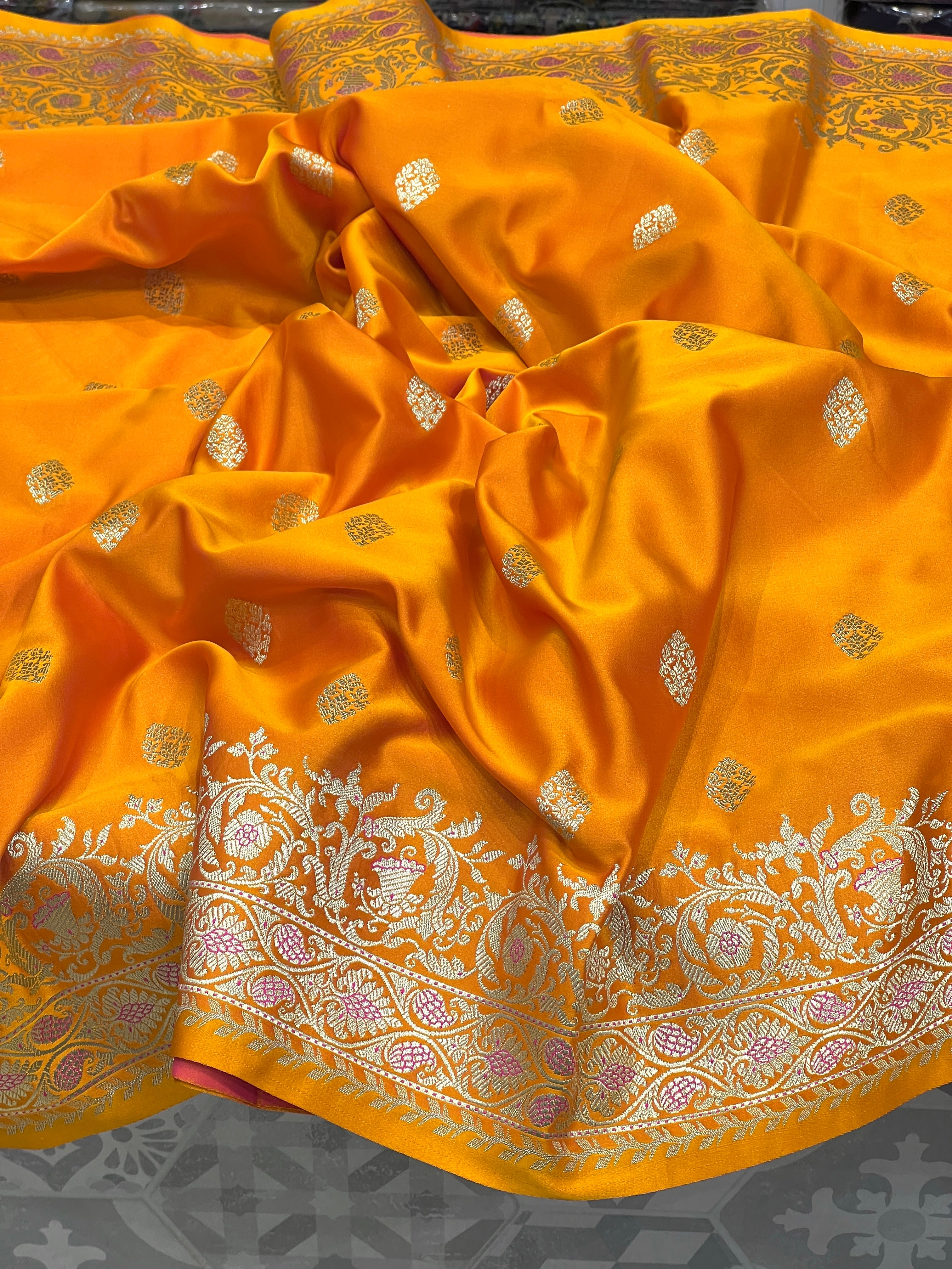 Yellowish Orange Banarasi Butti Saree