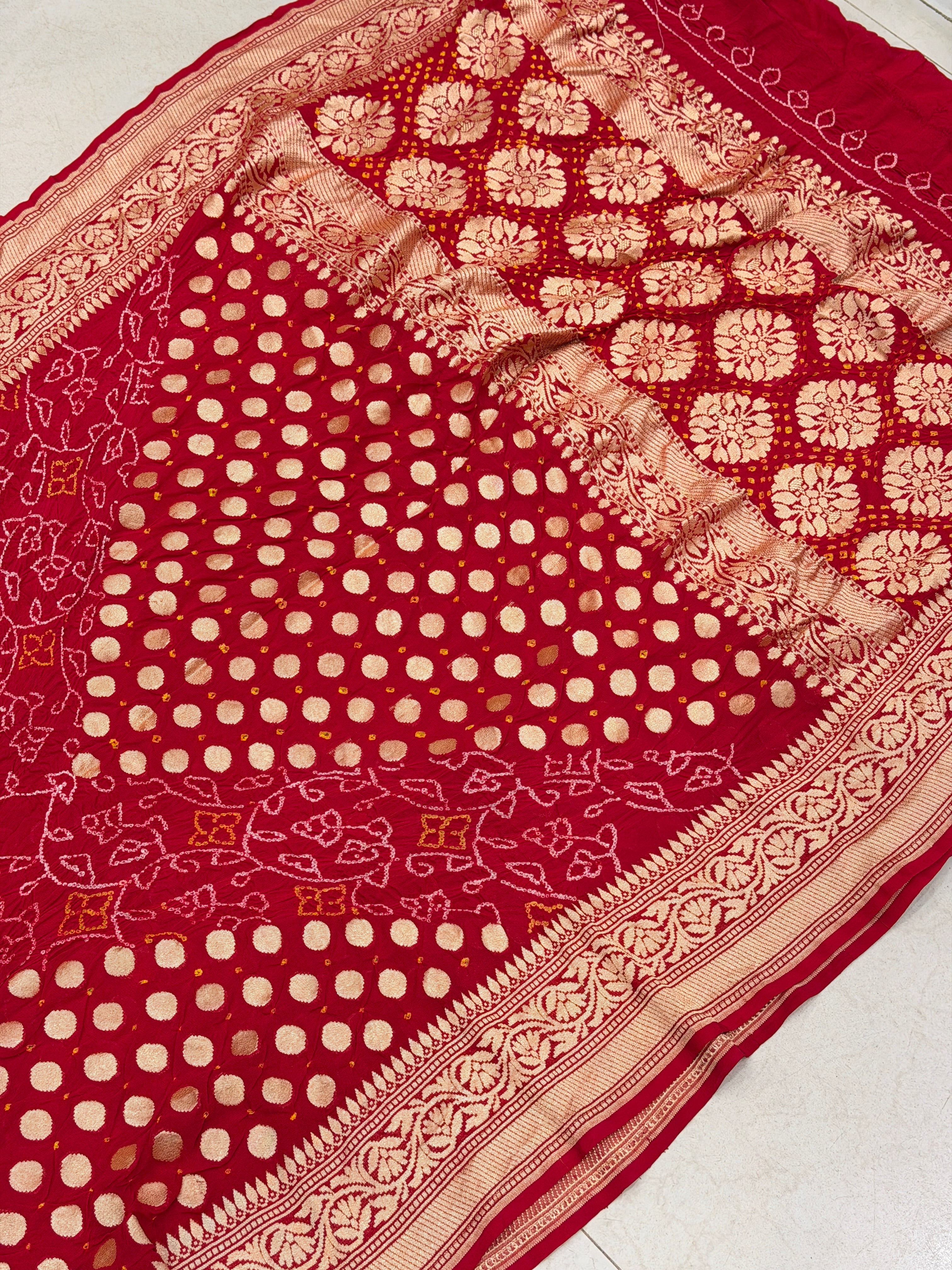 Red Metro Butti Rai Bandhej Banarasi Khaddi Georgette Saree