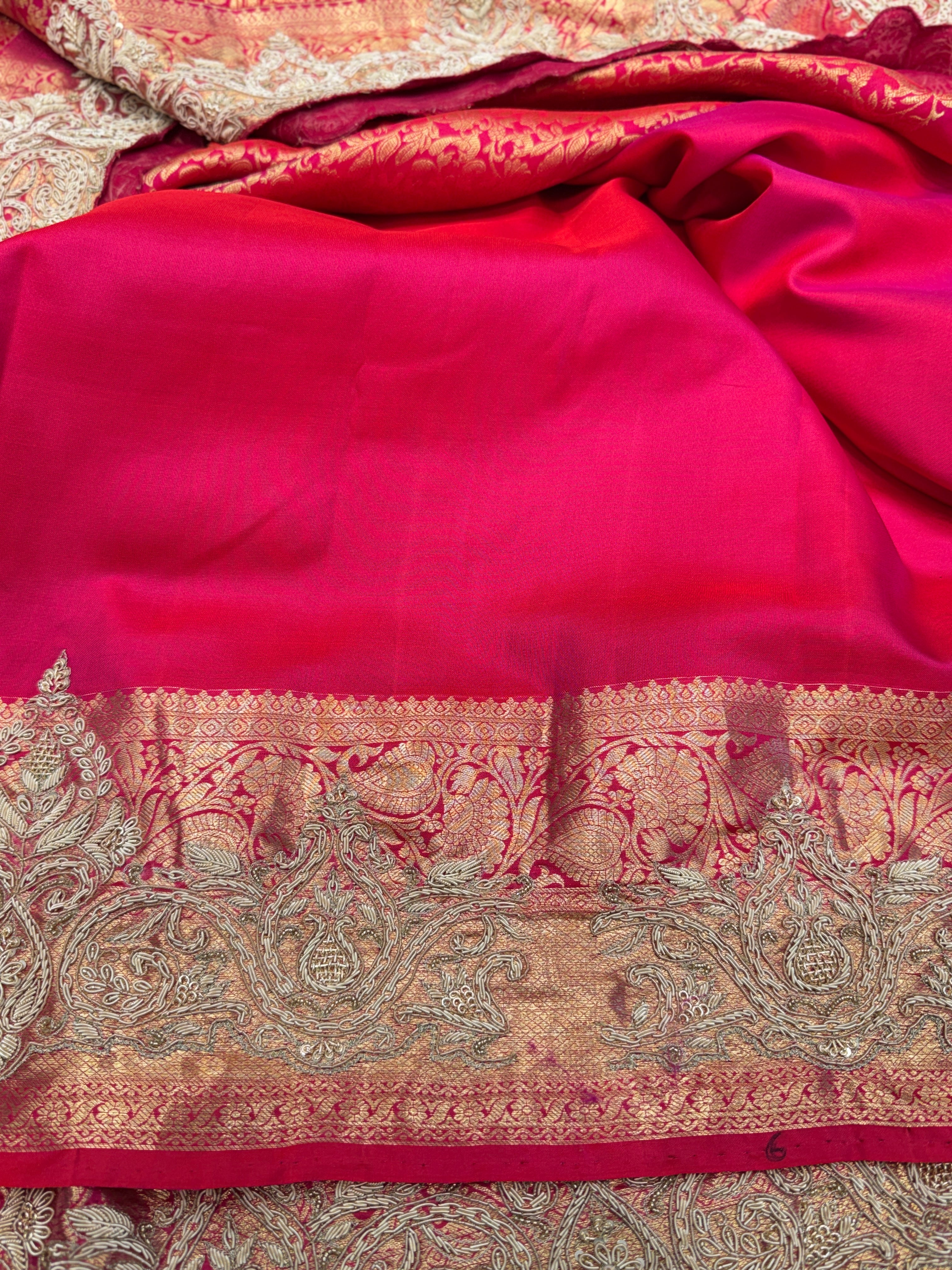 Rani Pink Kanjivaram Zardosi Hand Embroidery Saree
