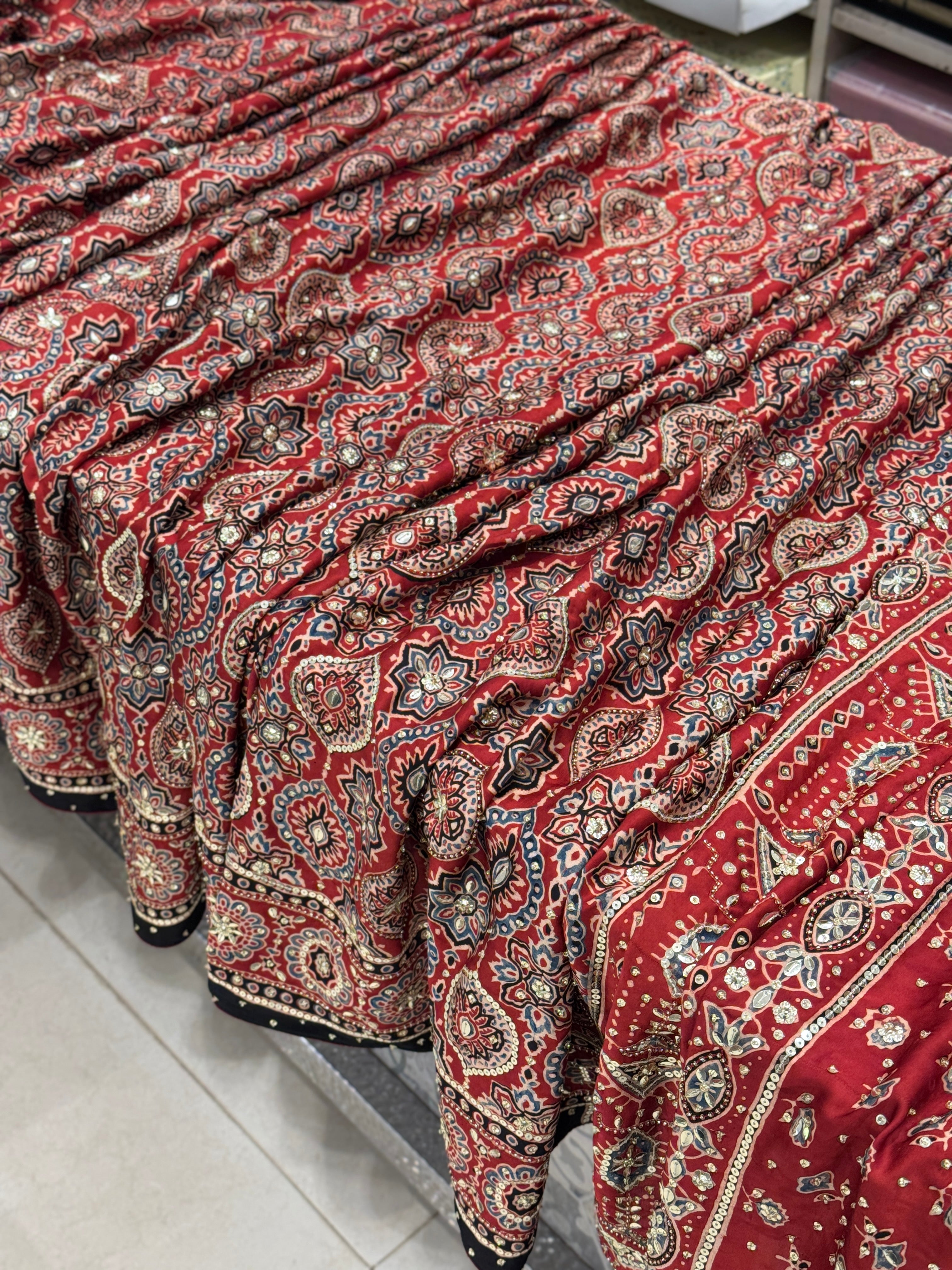 Red Ajrakh Badam Buttas Sequin Moti Hand Embroidery Saree