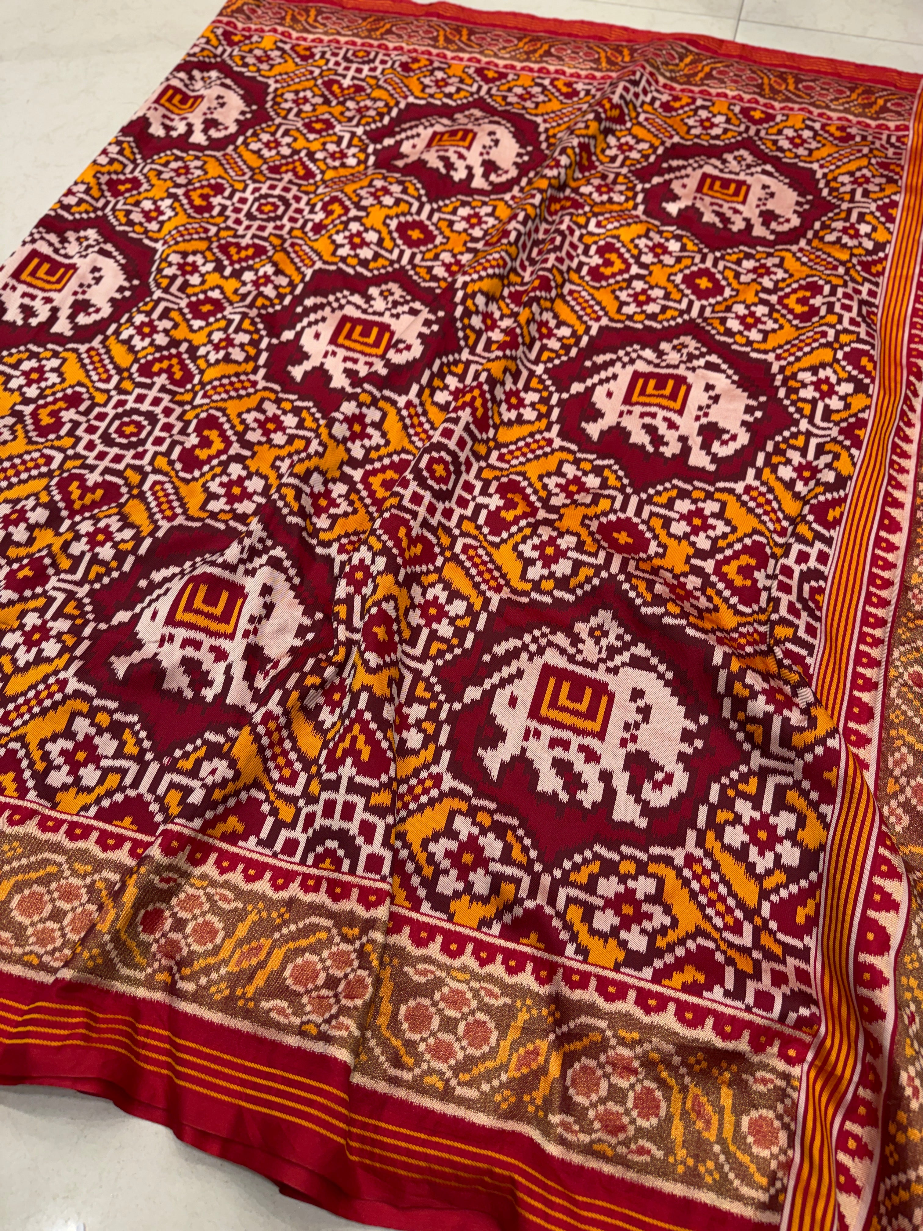 Maroon Mustard Semi Silk Weaved Patan Patola Saree