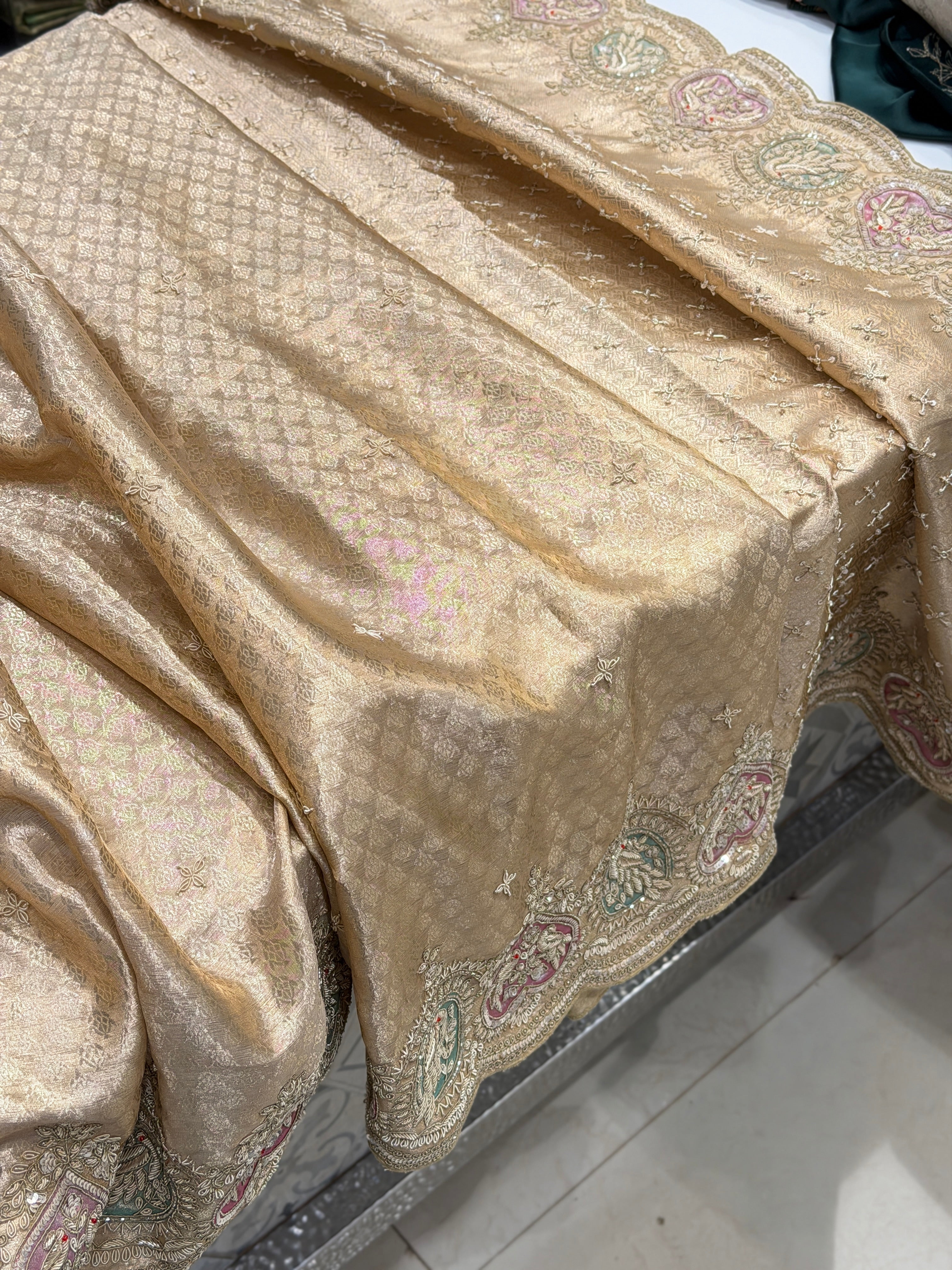 Golden Tissue Kanjivaram Zardosi Patch Work Hand Embroidery Saree