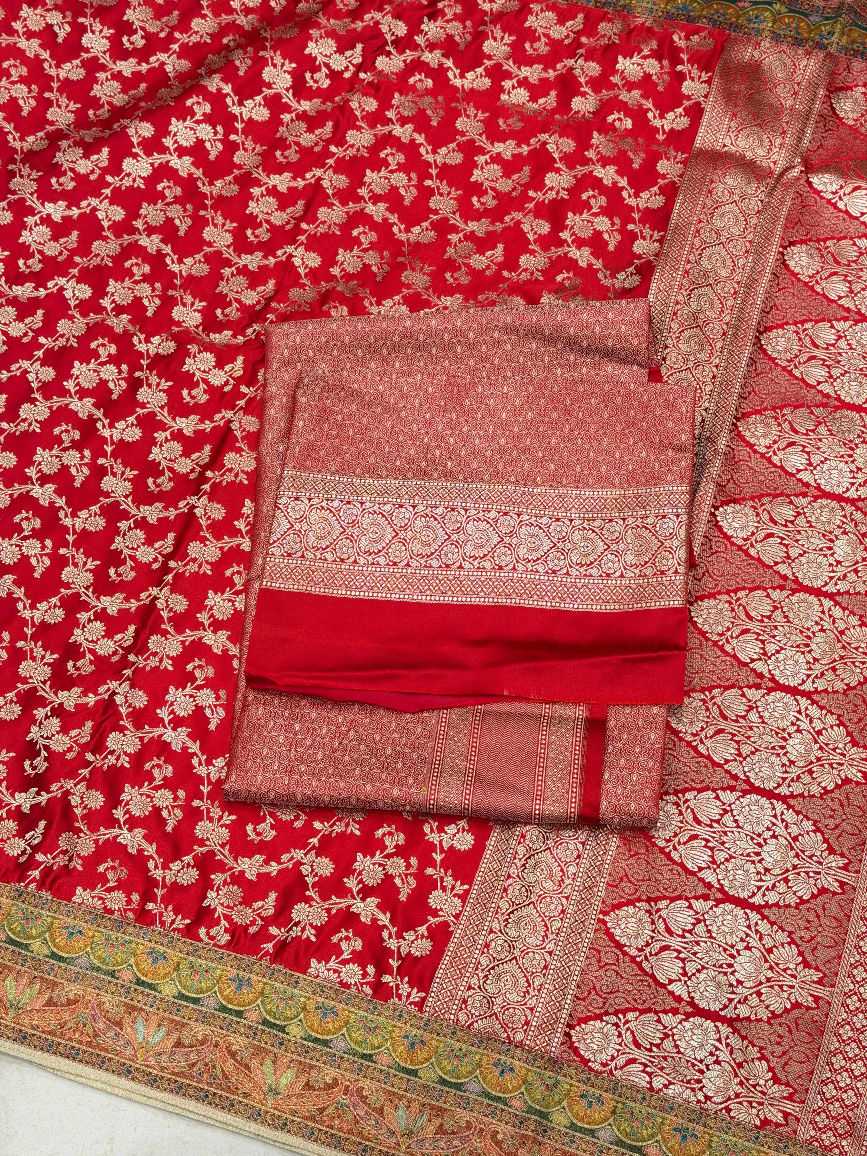 Red Fusion Banarasi Jaal Woven Silk Saree
