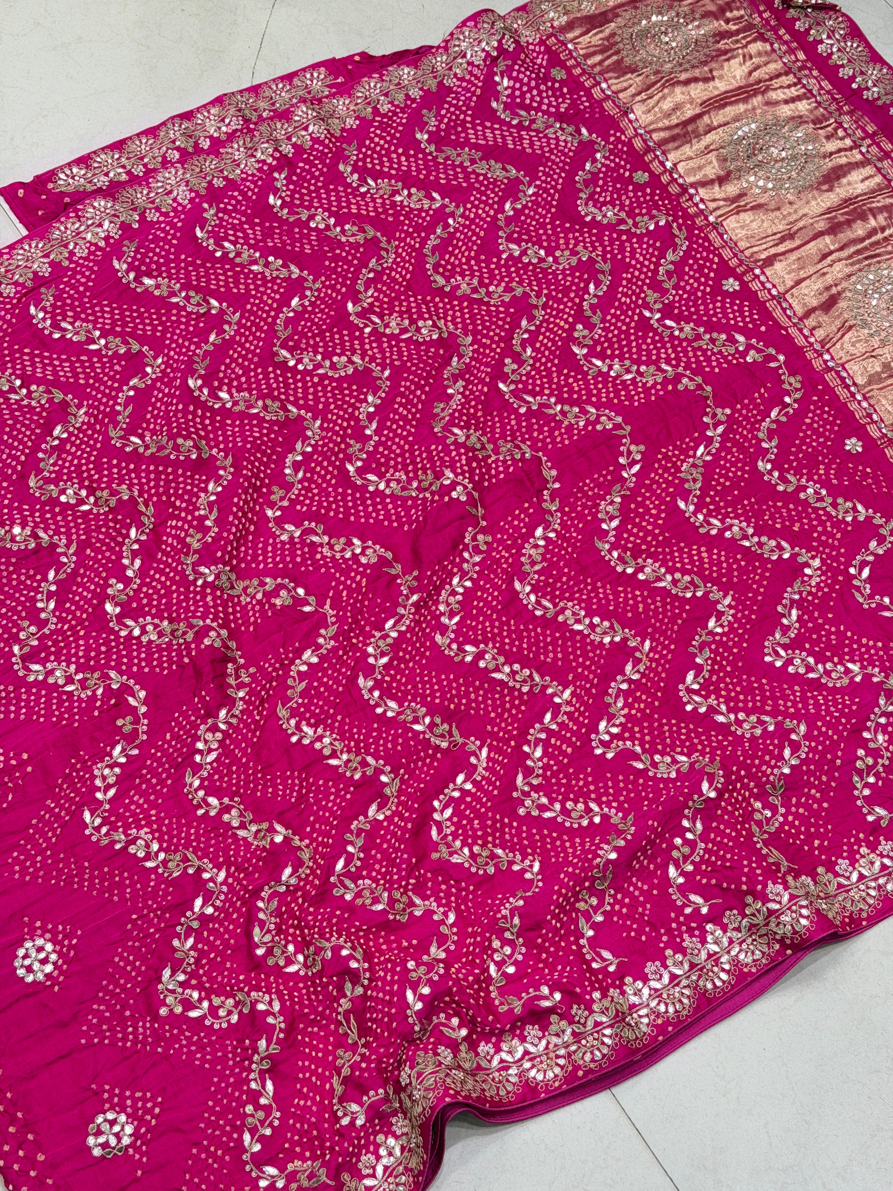 Rani Pink Gajji Silk Rai Bandhej Hand Done Gotapatti Saree