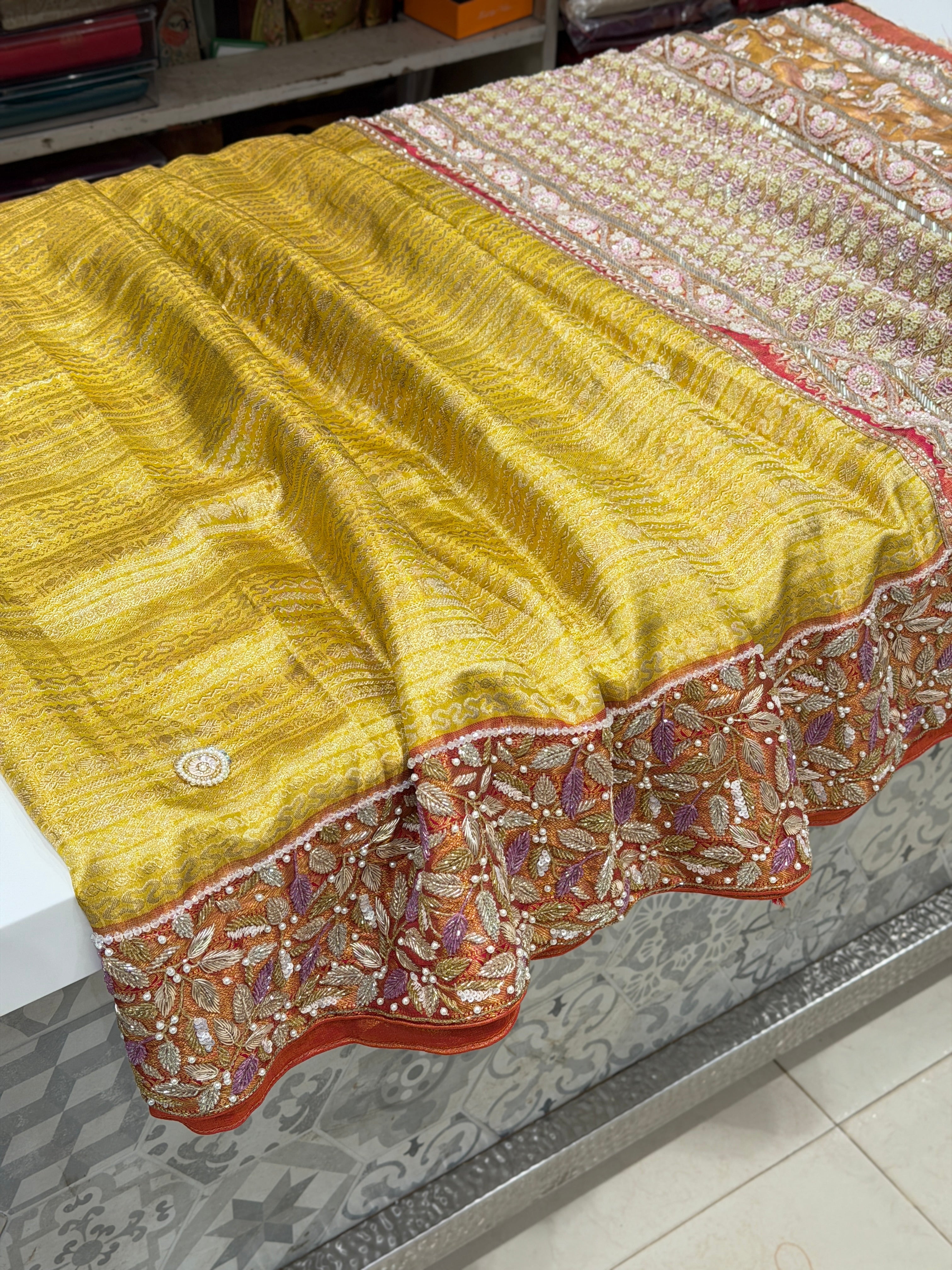 Lime Crimson Kanjivaram Contemporary Moti Zardosi Hand Embroidery Saree