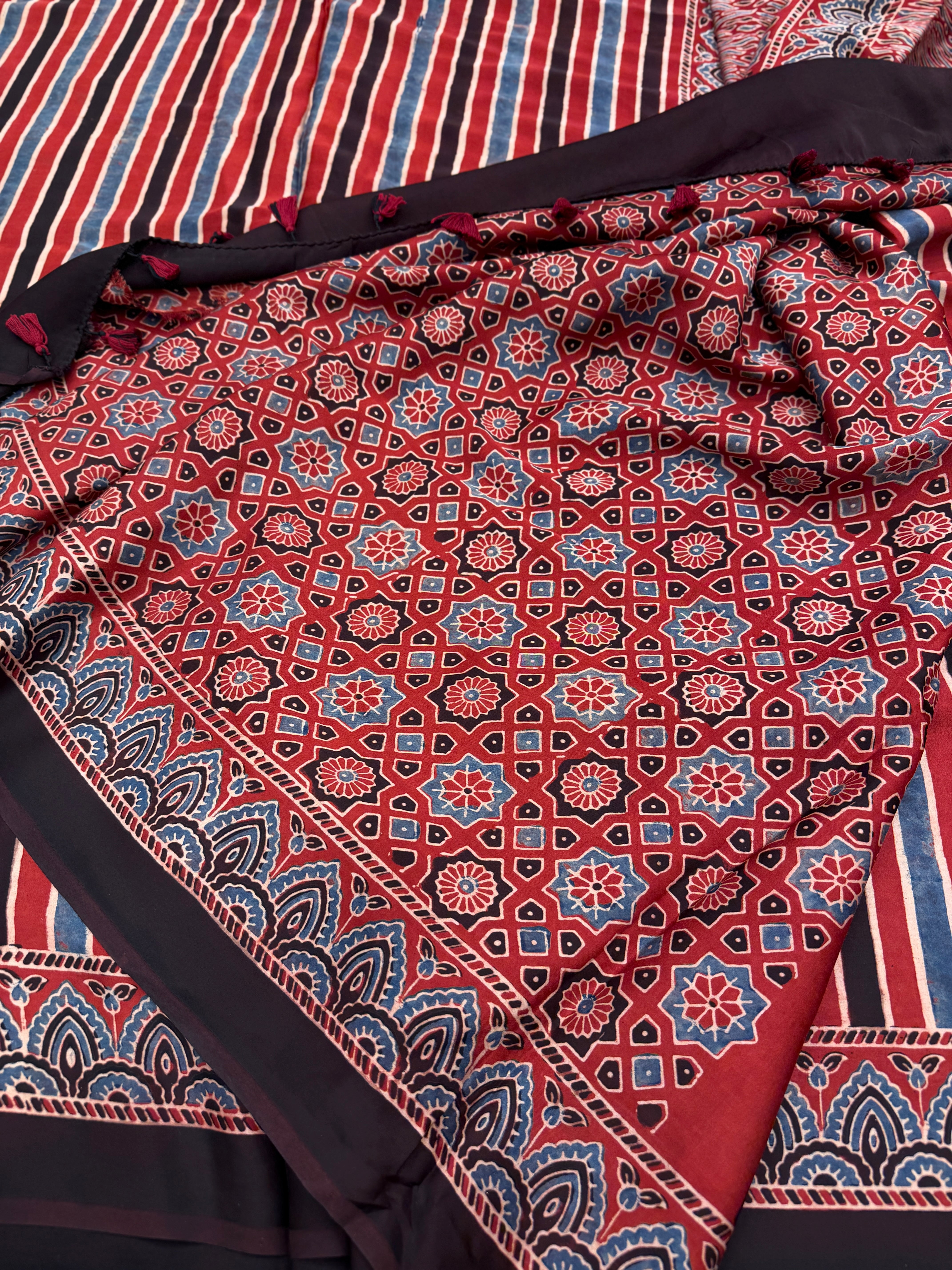 Red Contemporary Ajrakh Hand Block Print Pure Gajji Silk Saree