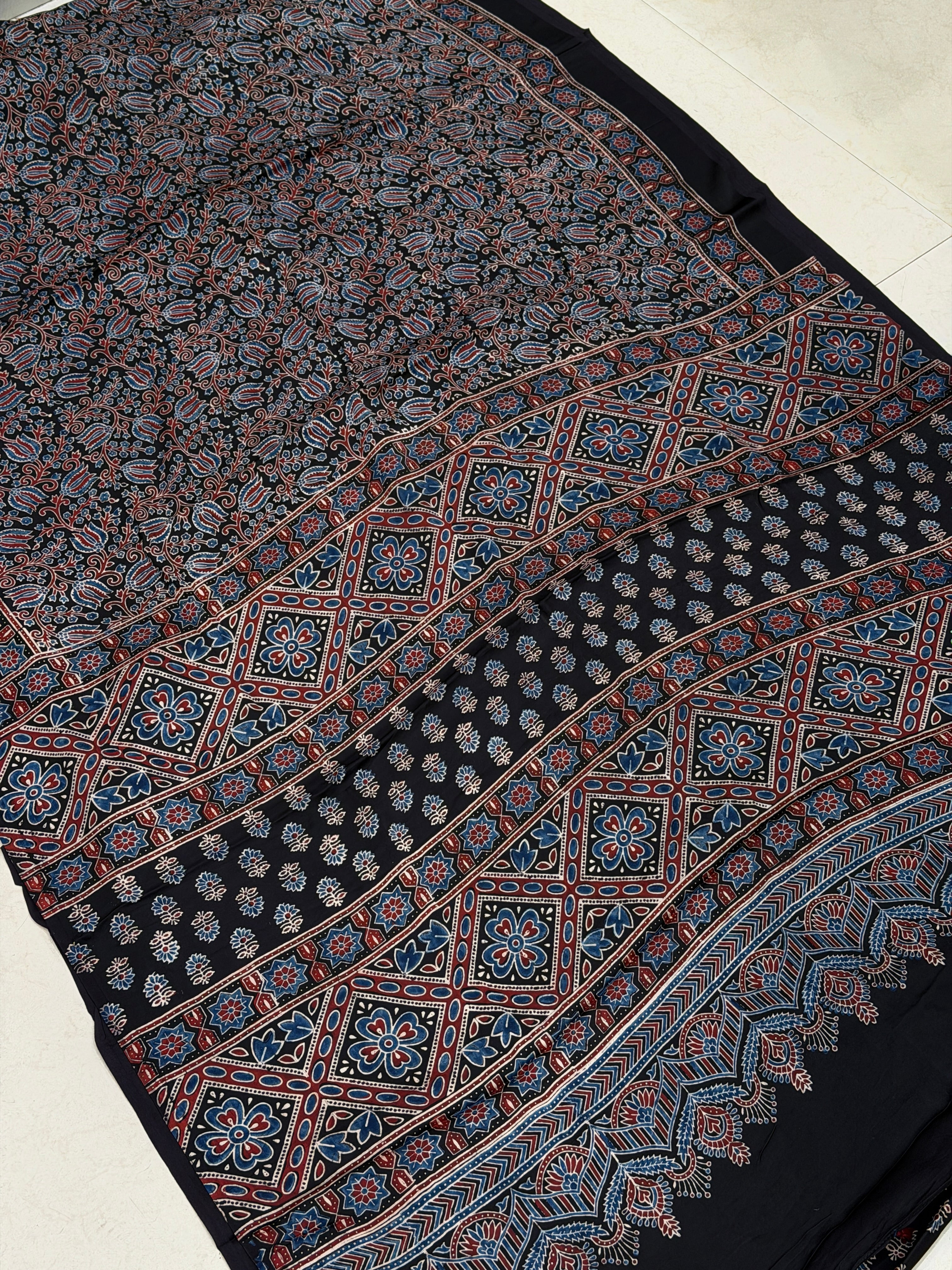 Black Floral Jaal Ajrakh Hand Block Print Pure Modal Silk Saree