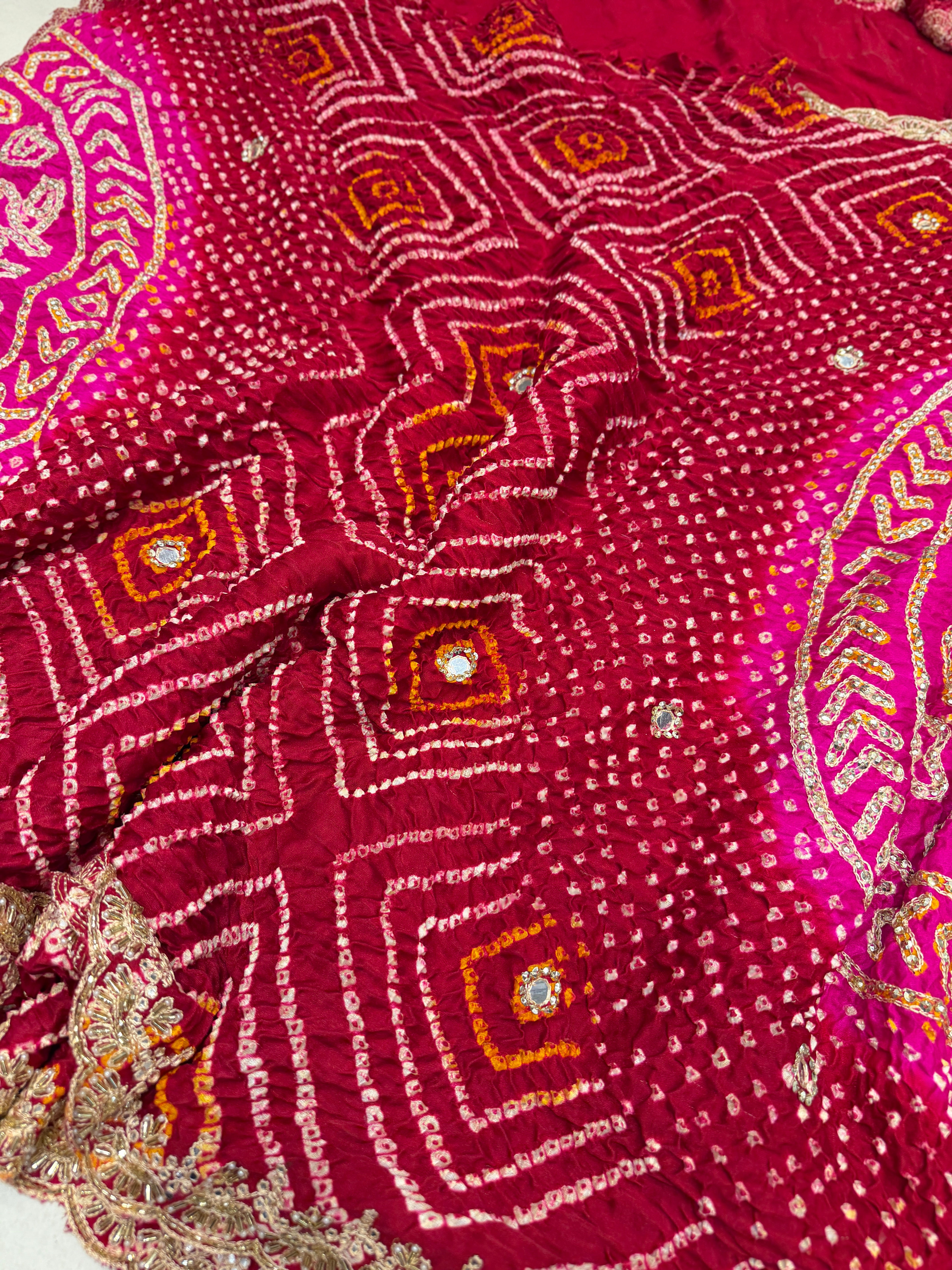 Maroon Rani Gajji Silk Rai Bandhej Gharchola Hand Embroidery Saree