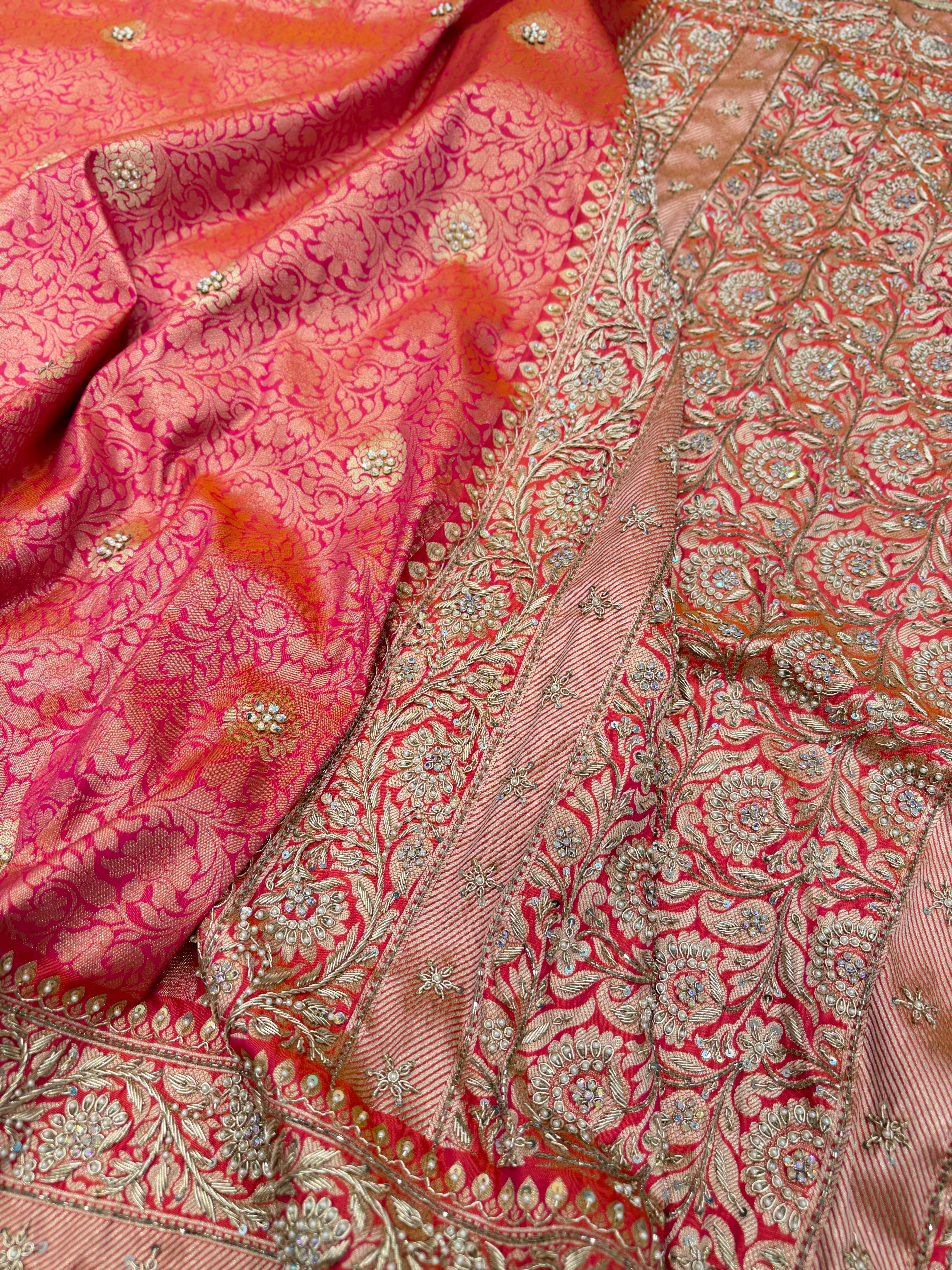 Cross Rust Banarasi Brocade Hand Embroidery Naka Tikki Saree