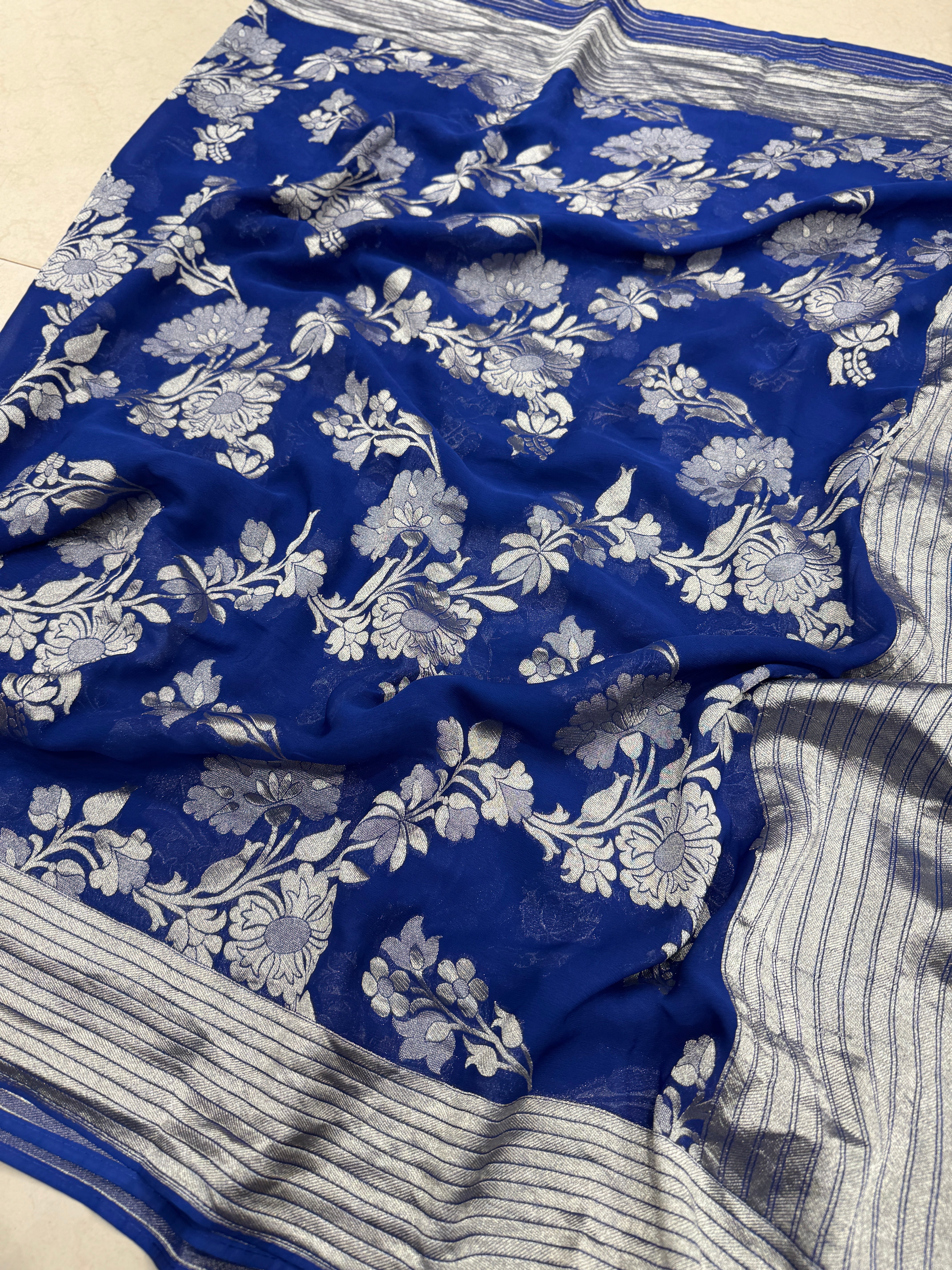 Royal Blue Banarasi Khaddi Georgette Silver Zari Jaal Saree