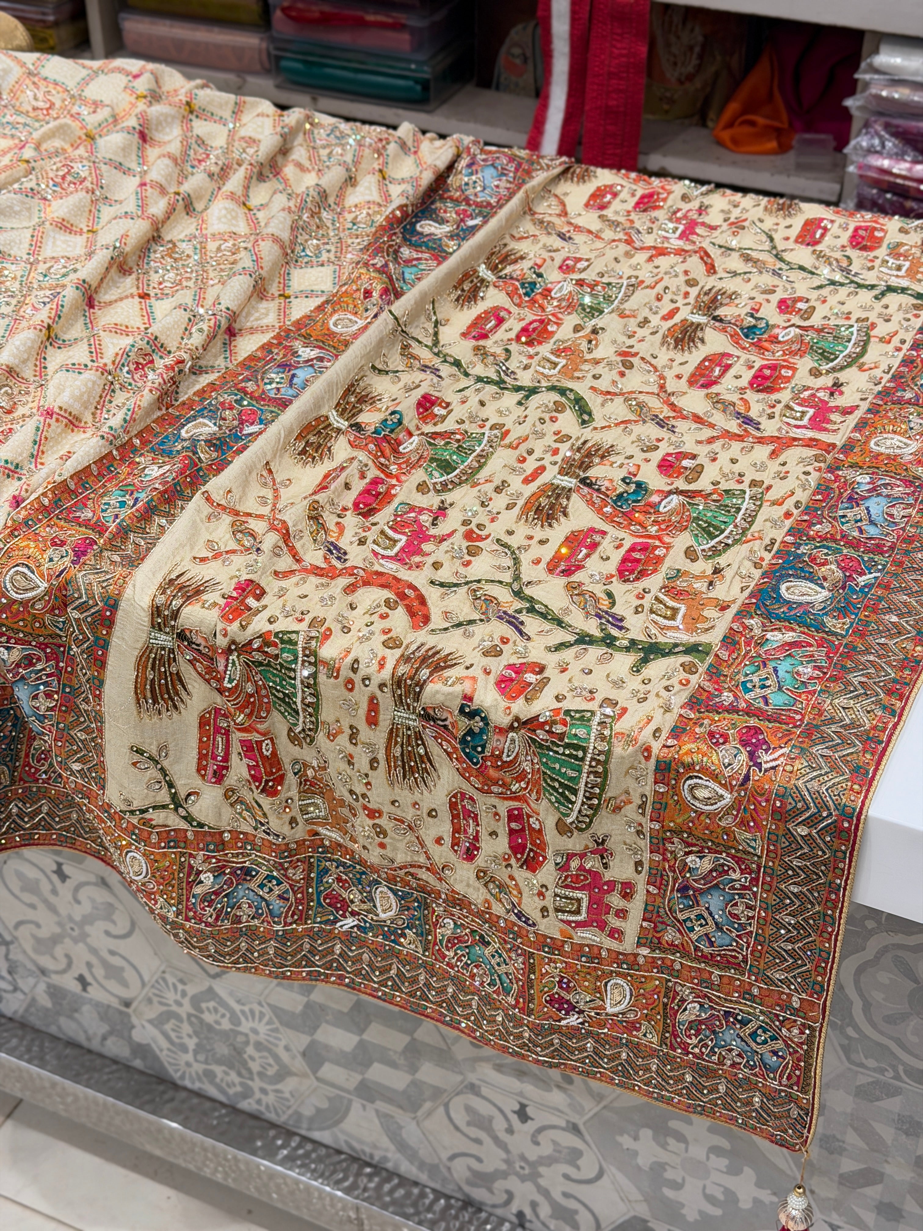 Beige Pashmina Banarasi Munga Patola Style Hand Embroidery Saree