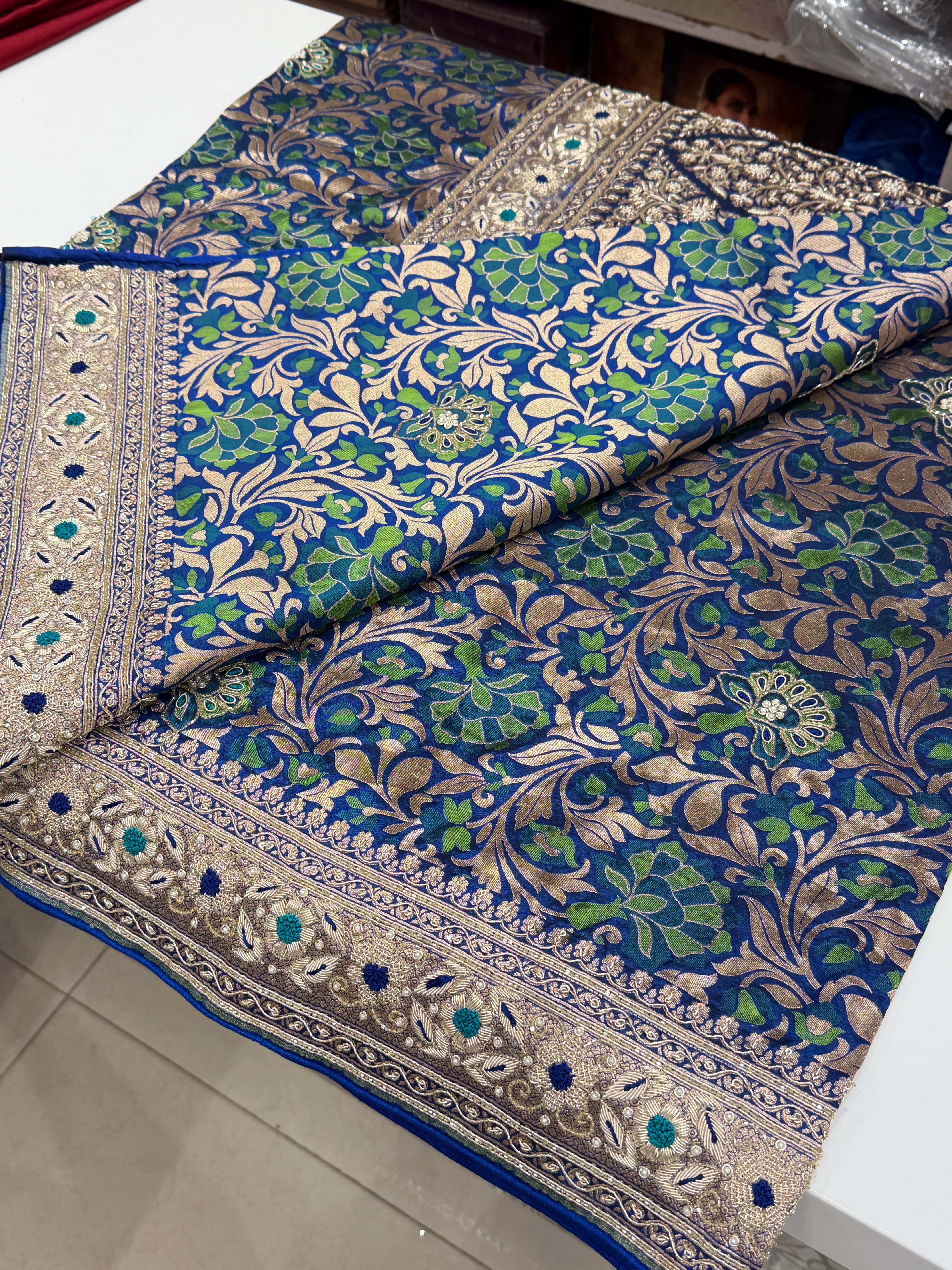 Blue Green Floral Handloom Banarasi Katan Silk Zardosi Hand Embroidery Saree