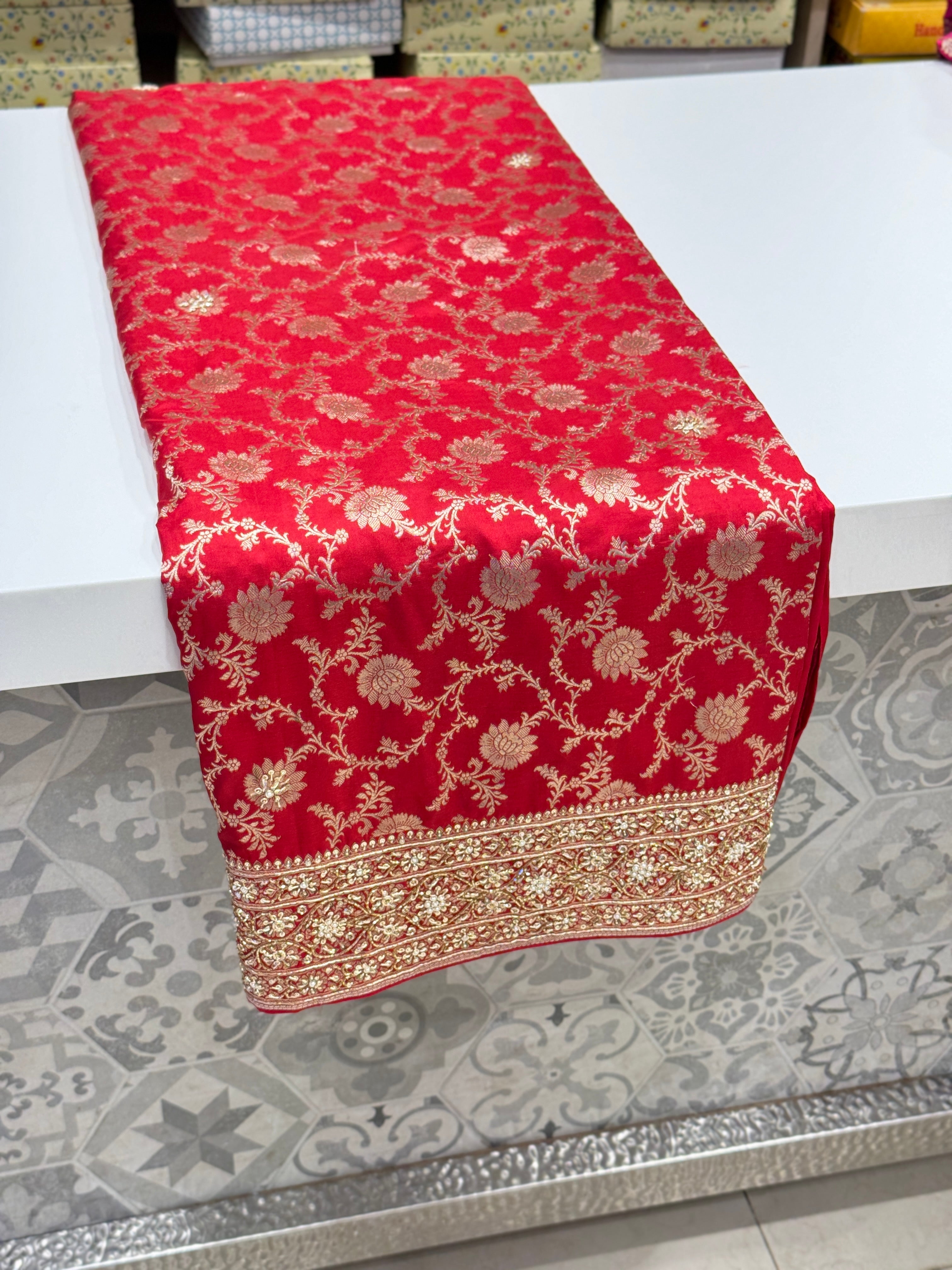 Red Banarasi Handloom Katan Embroidery Saree