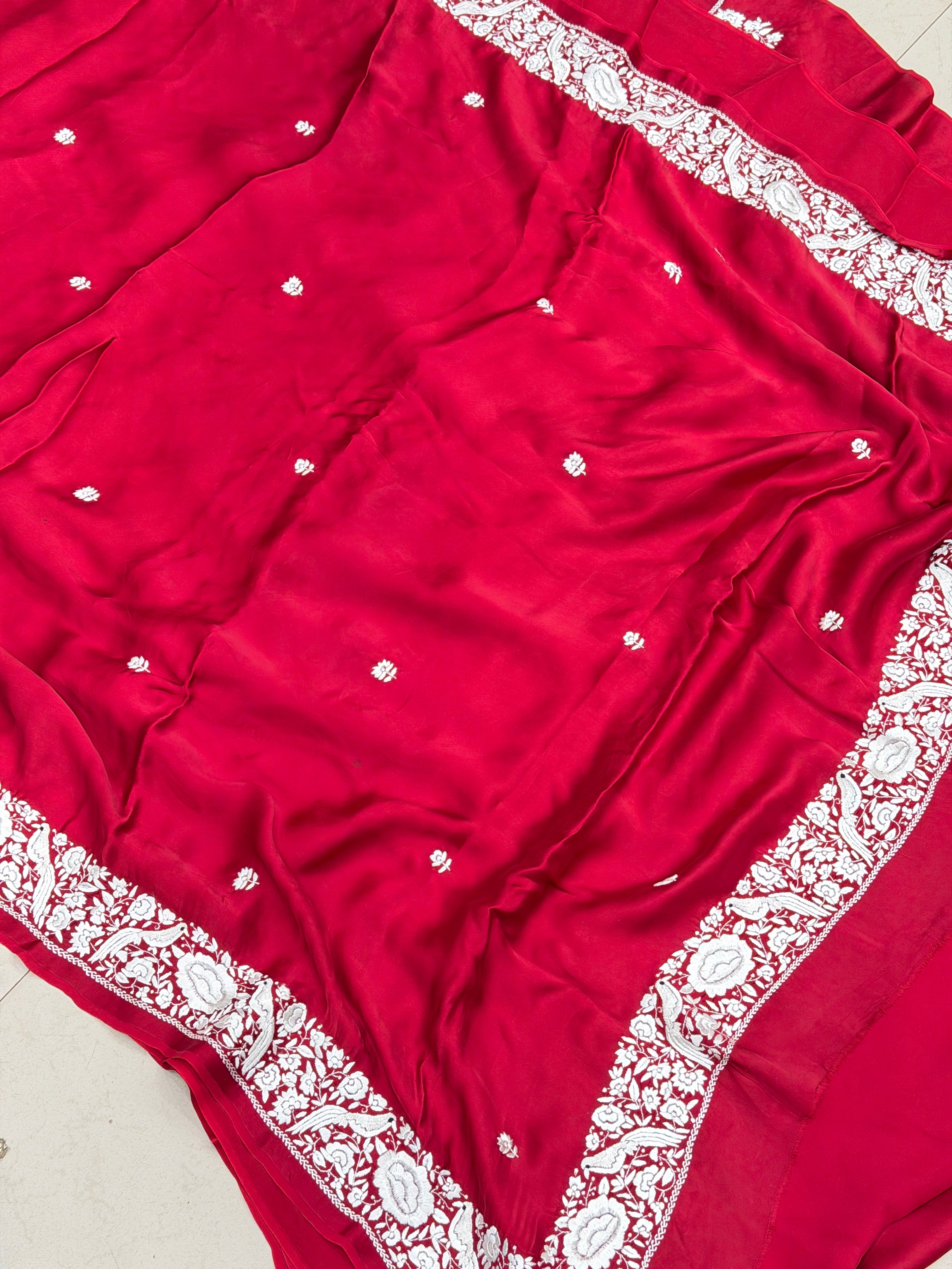 Red Parsi Gara Hand Embroidery Border Saree