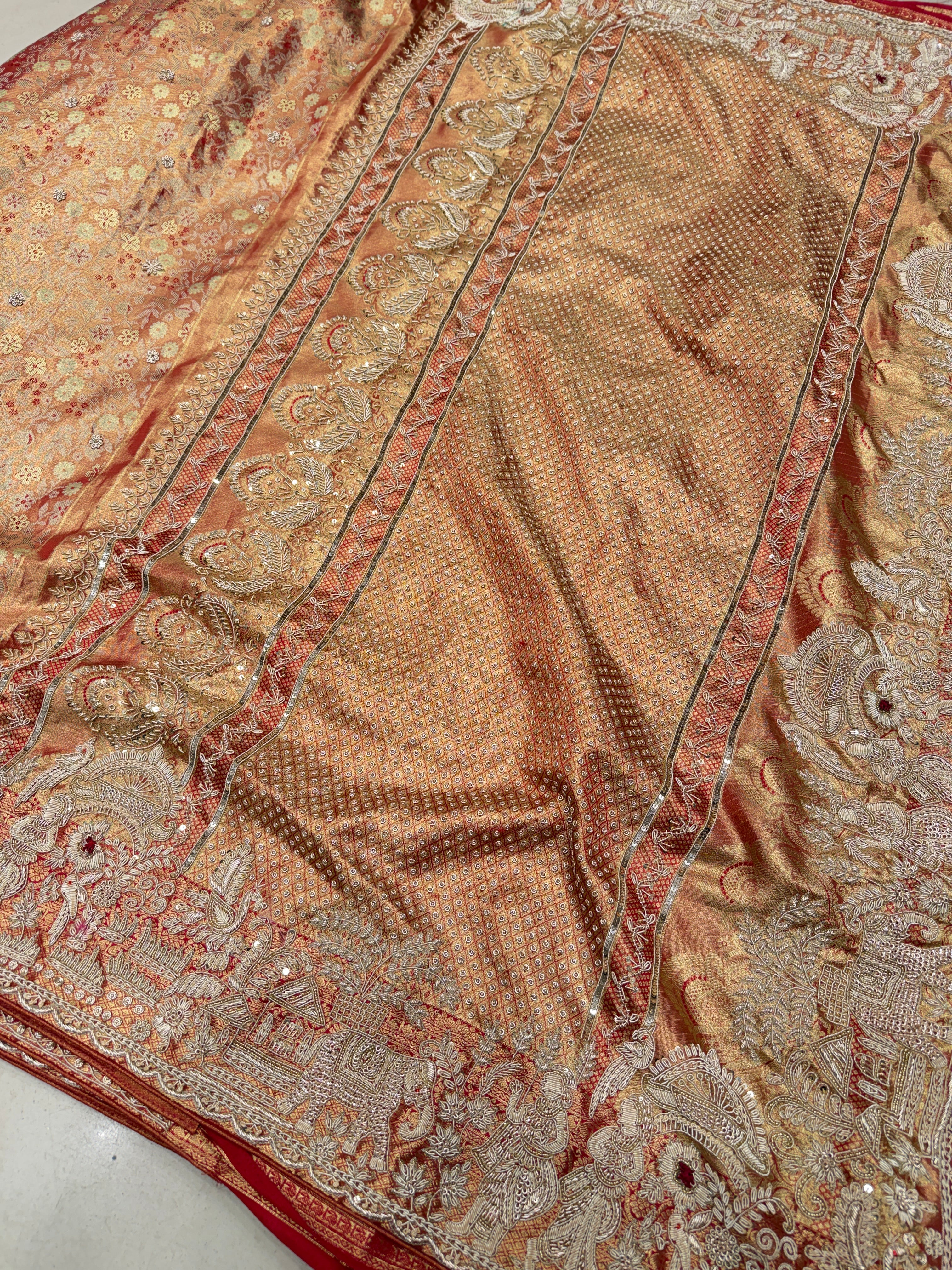 Red Tissue Kanjivaram Zardosi Doli Hand Embroidery Saree