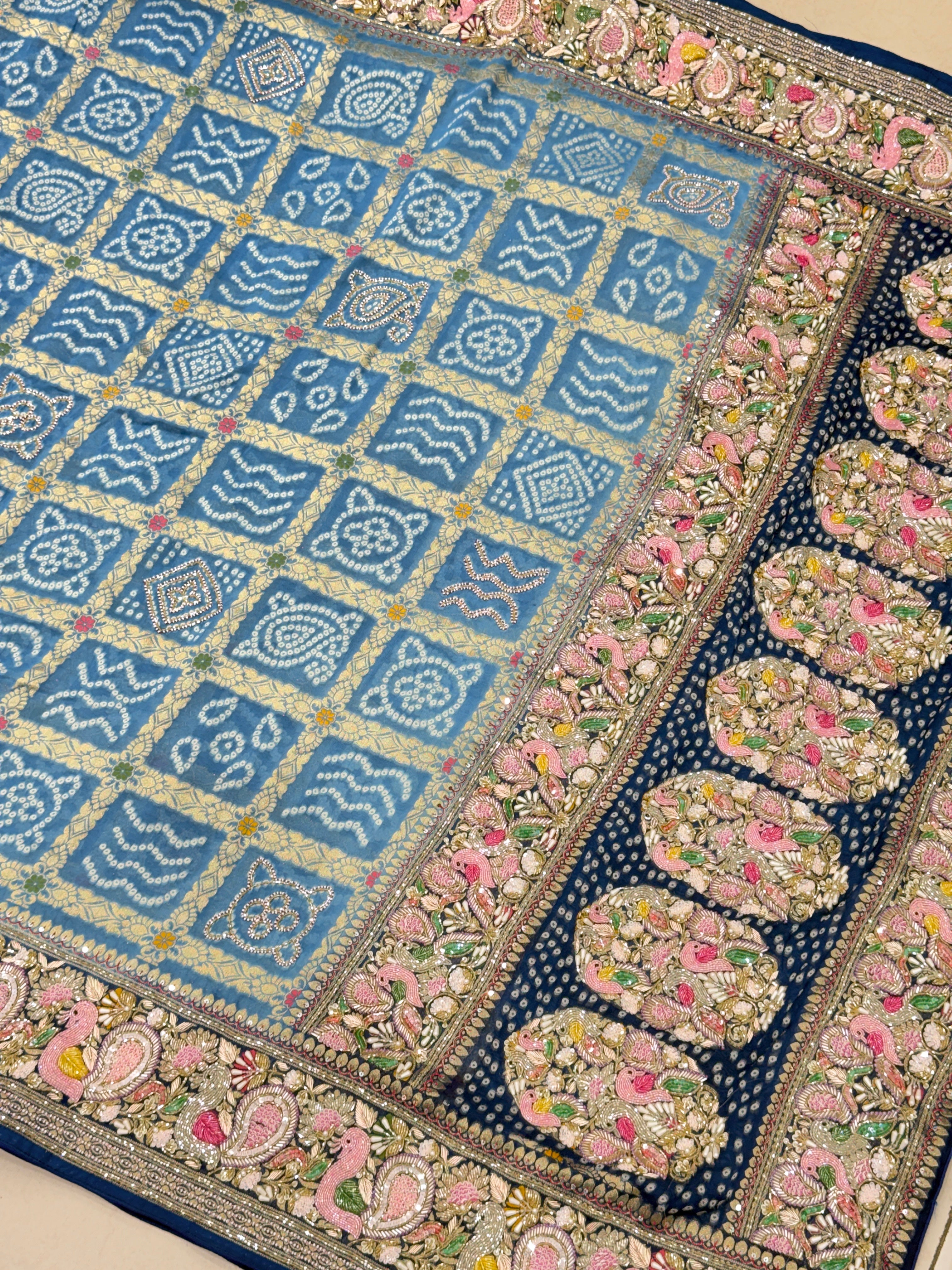 Shaded Blue Gharchola Moti Sequin Zardosi Hand Embroidery Georgette Saree