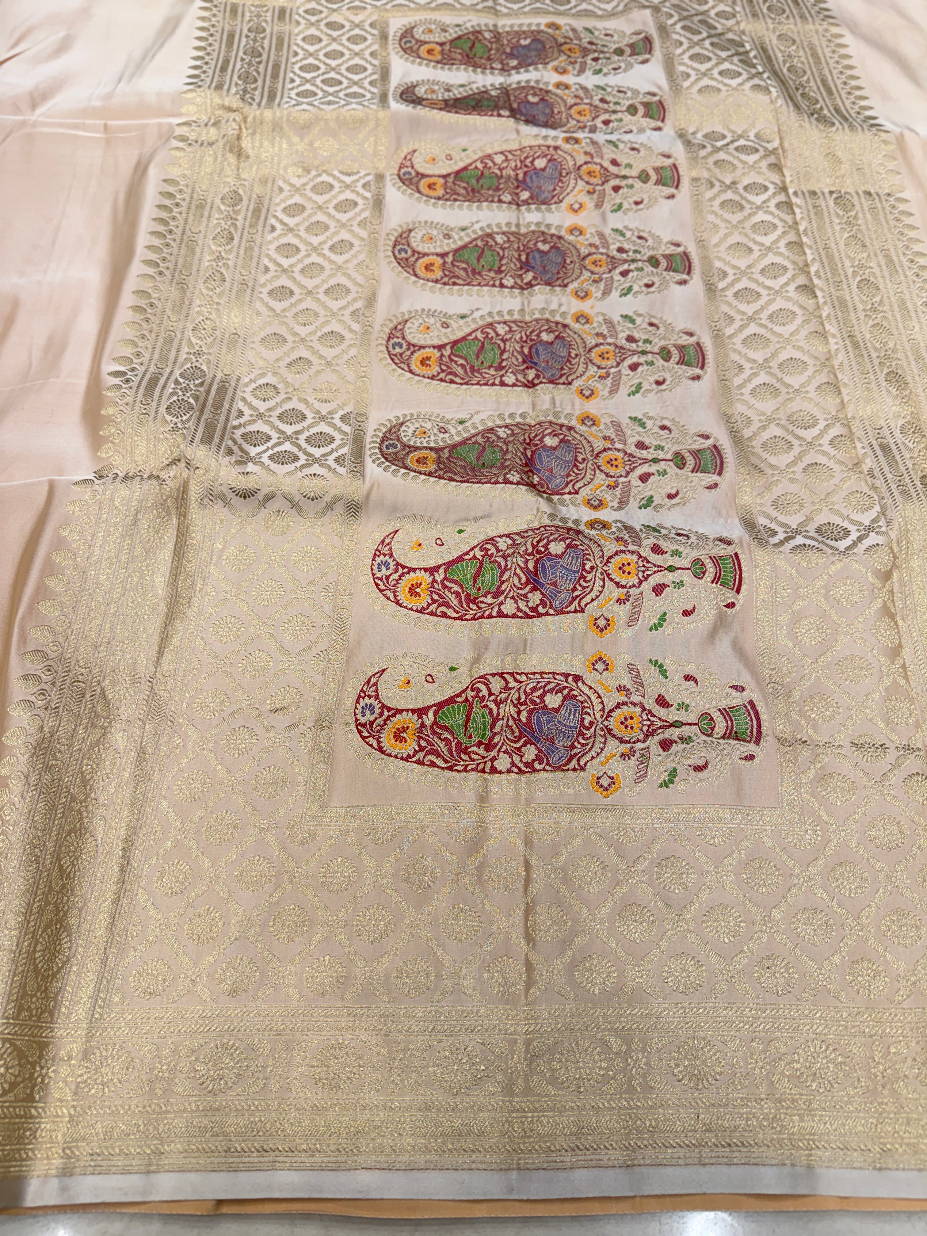 Beige Banarasi Silk Plain Body Meena Pallu Saree