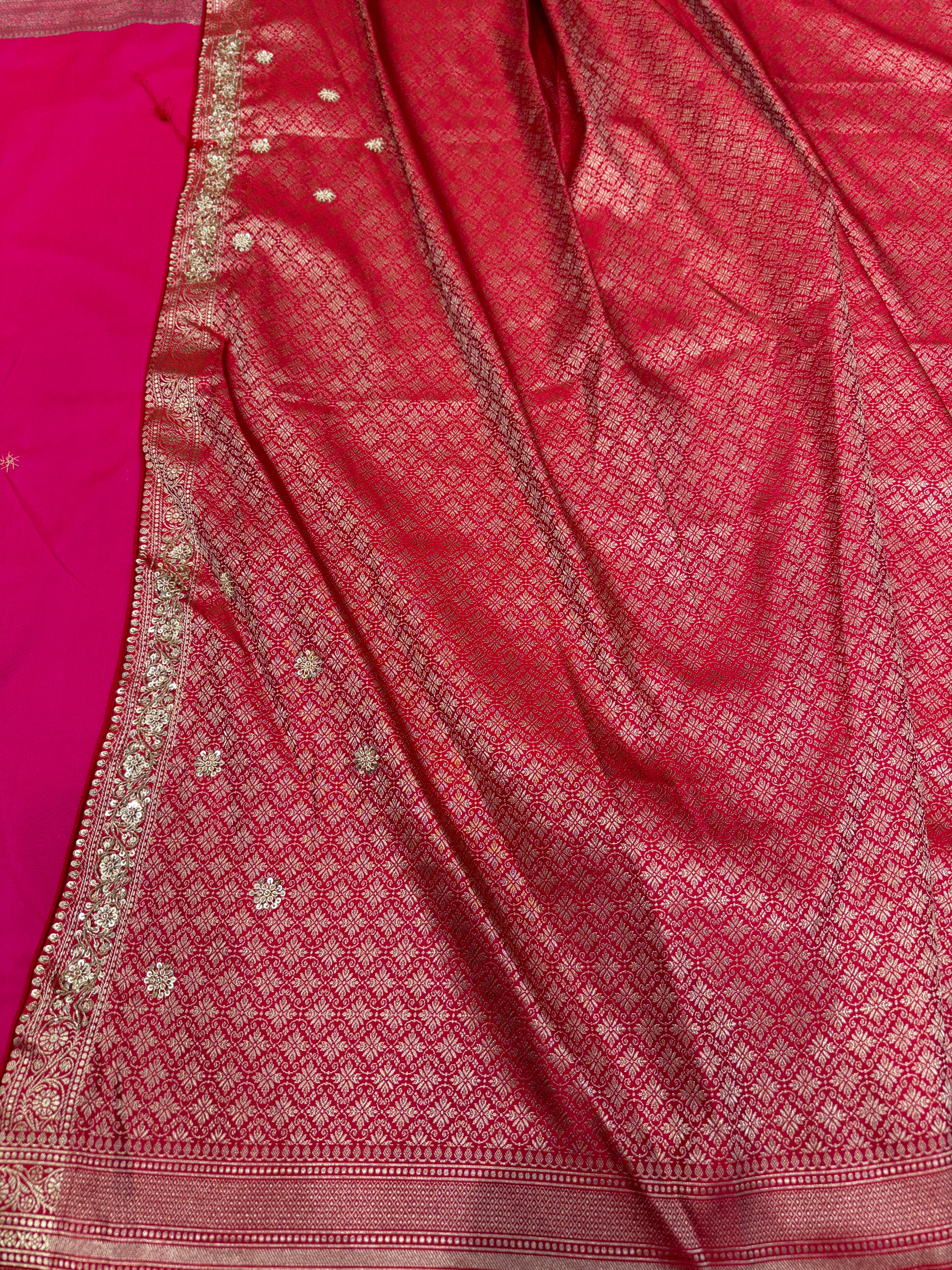 Cross Red Banarasi Plain Zardosi Hand Embroidery Saree