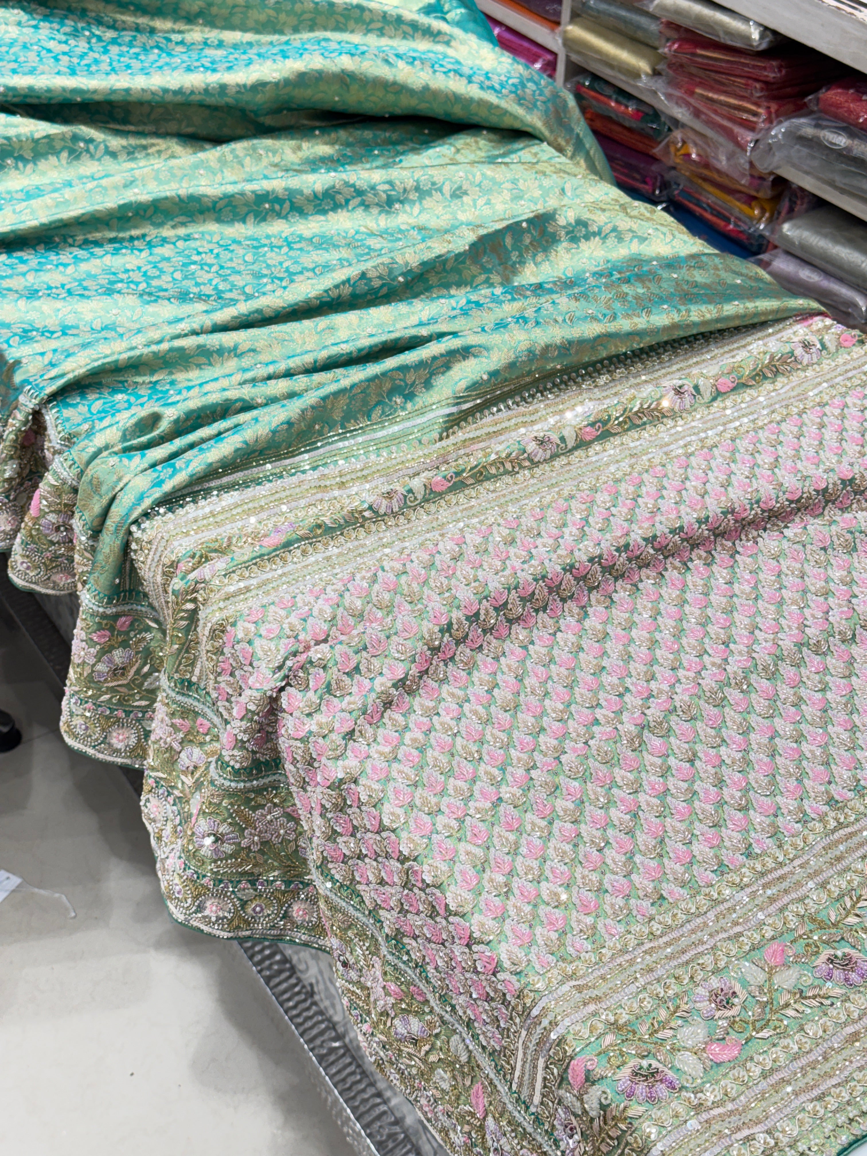 Pista Green Floral Tissue Kanjivaram Hand Embroidery Saree