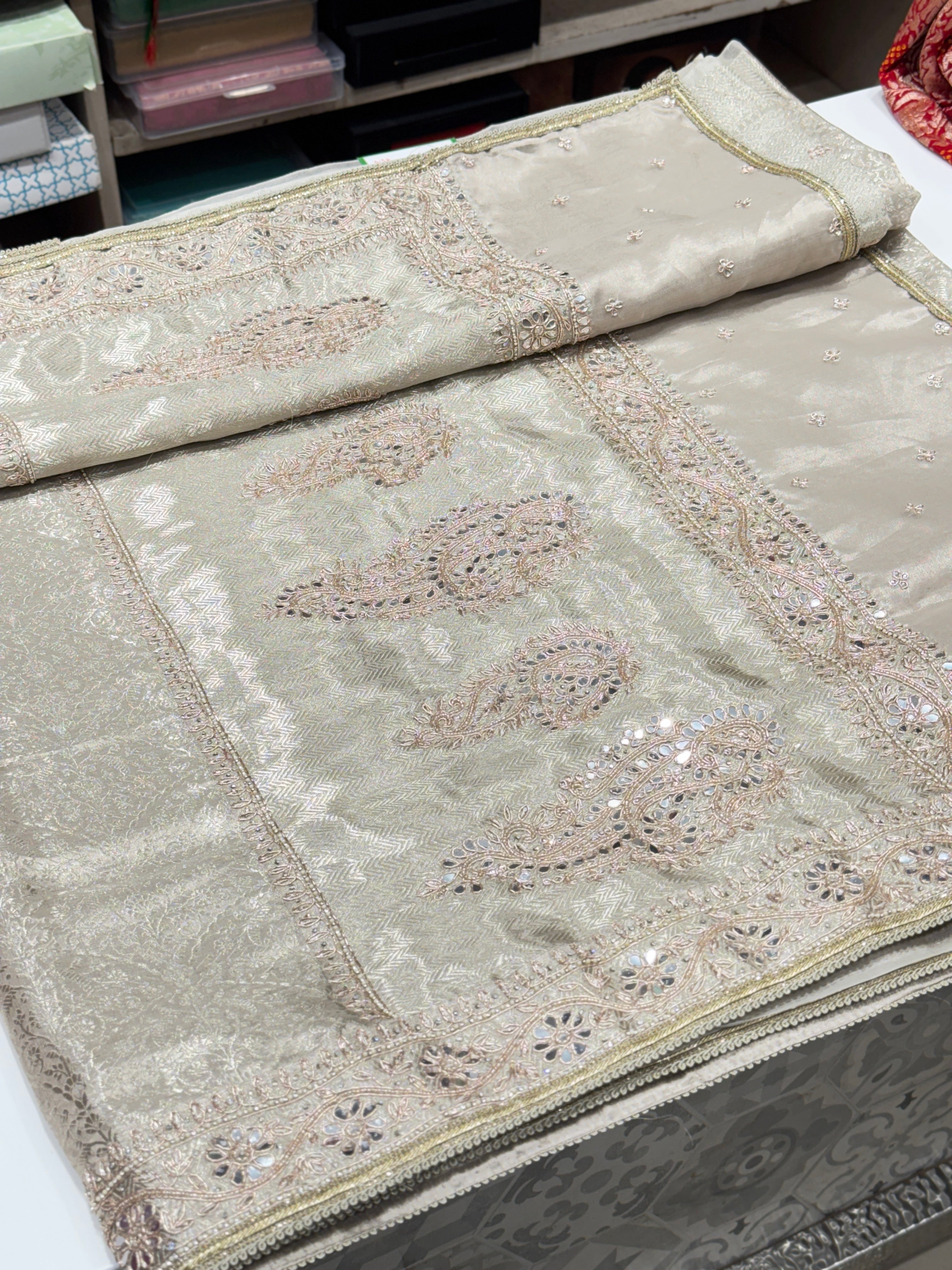 Silver Tissue Kanjivaram Hand Embroidery Saree