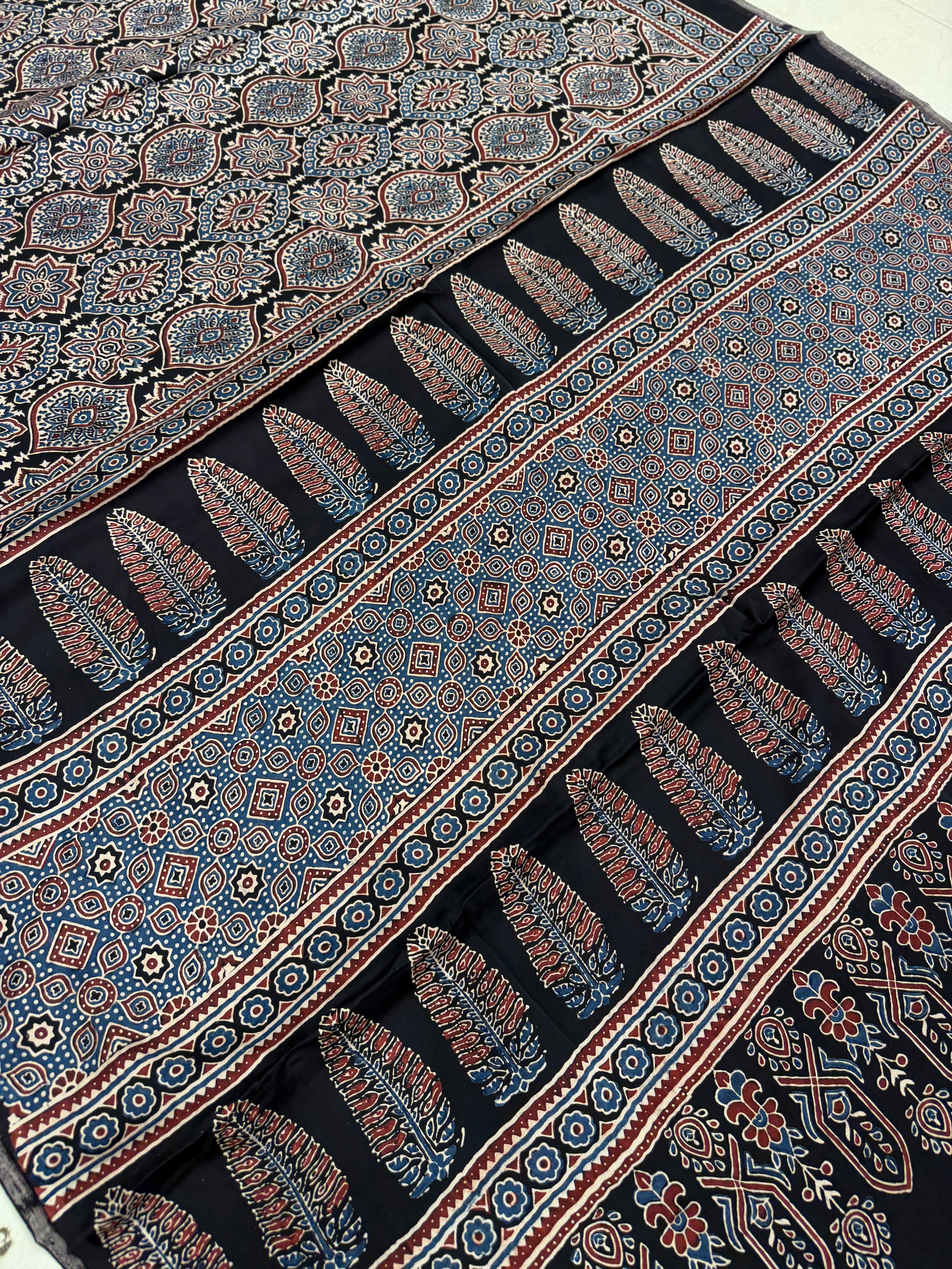 Black Badam Ajrakh Hand Block Print Pure Gajji Silk Saree