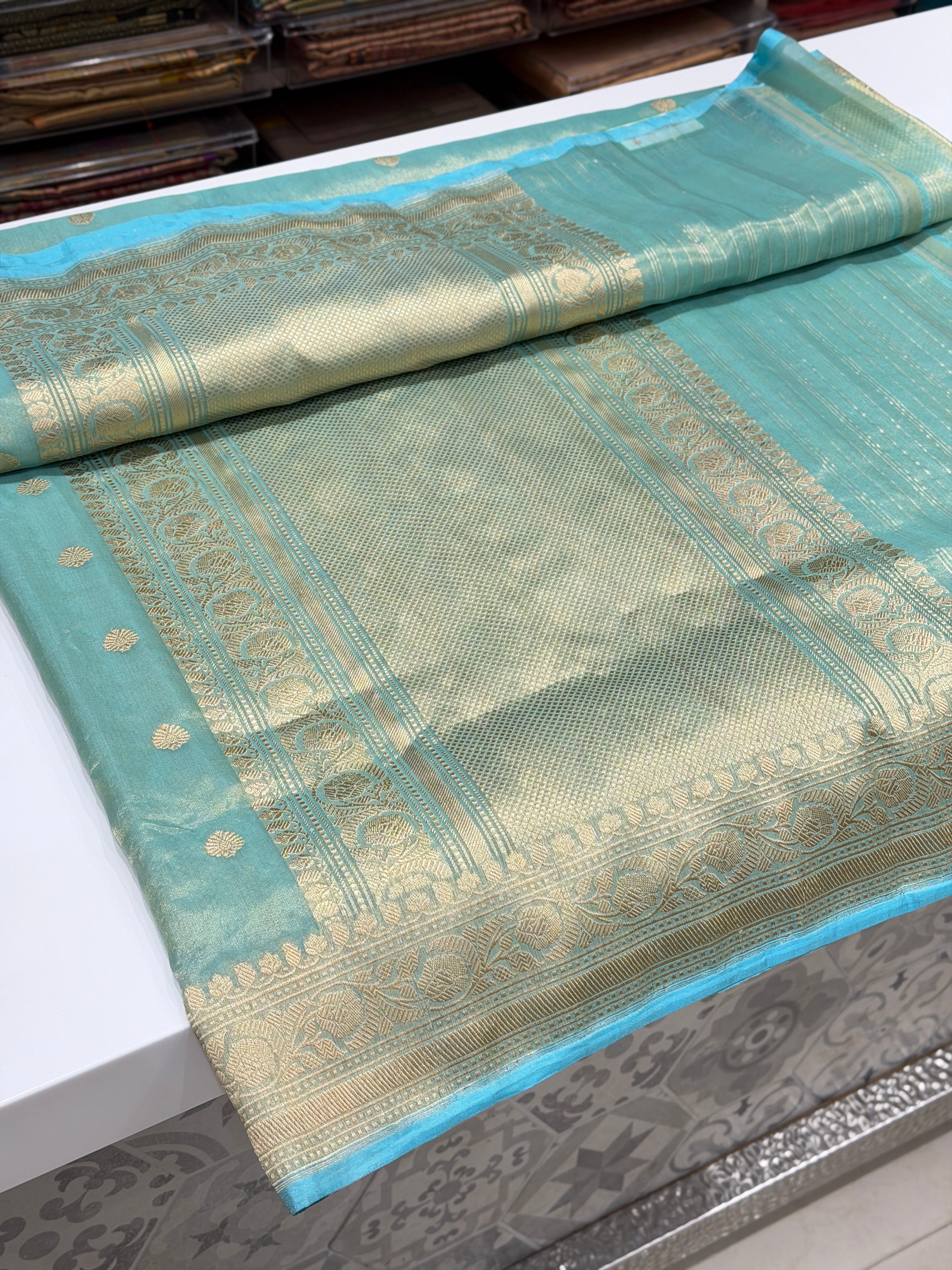 Sea Green Handloom Banarasi Tissue Kadwa Butti Saree