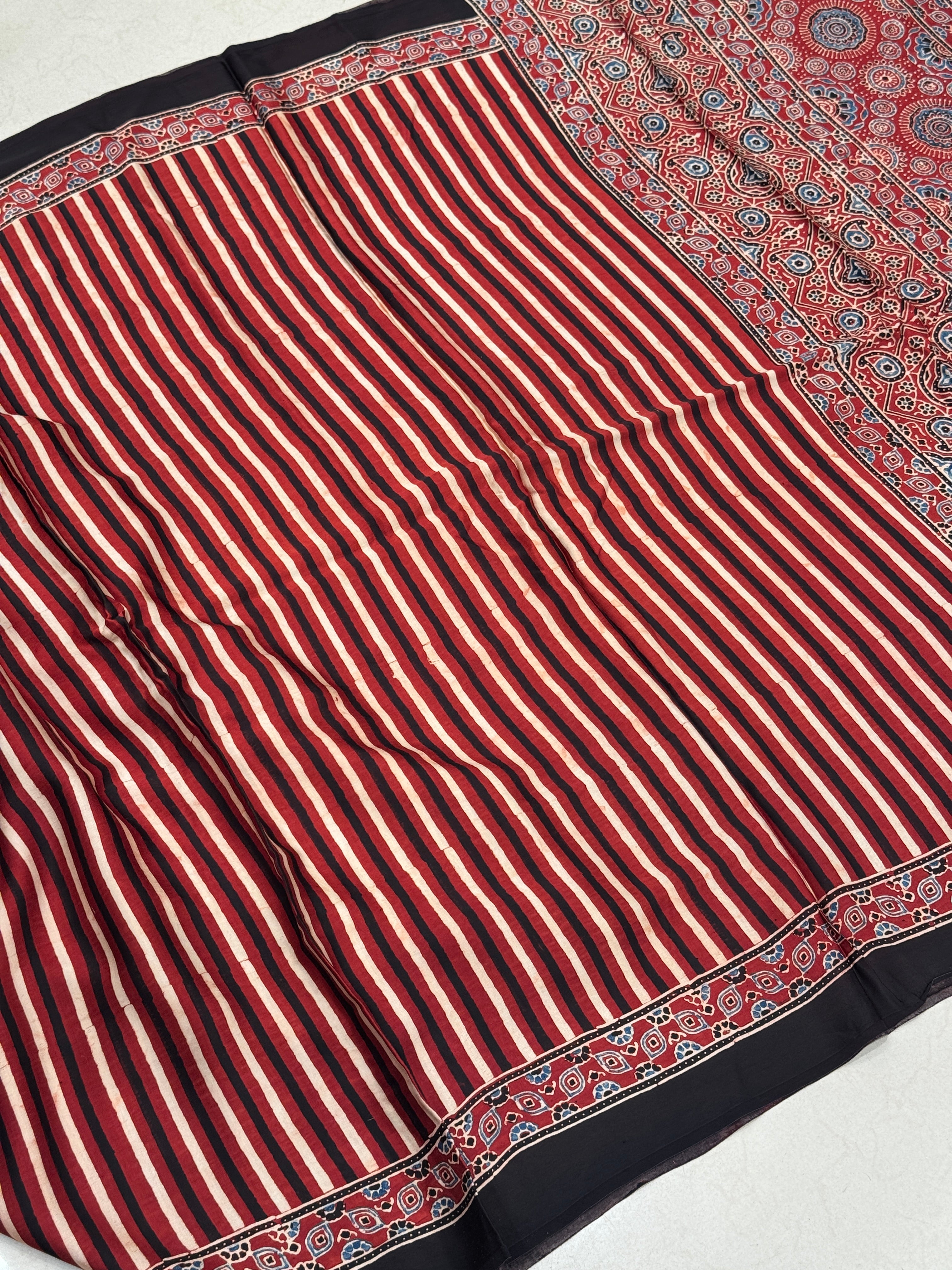 Red White Contemporary Hand Block Print Ajrkah Pure Gajji Silk Saree