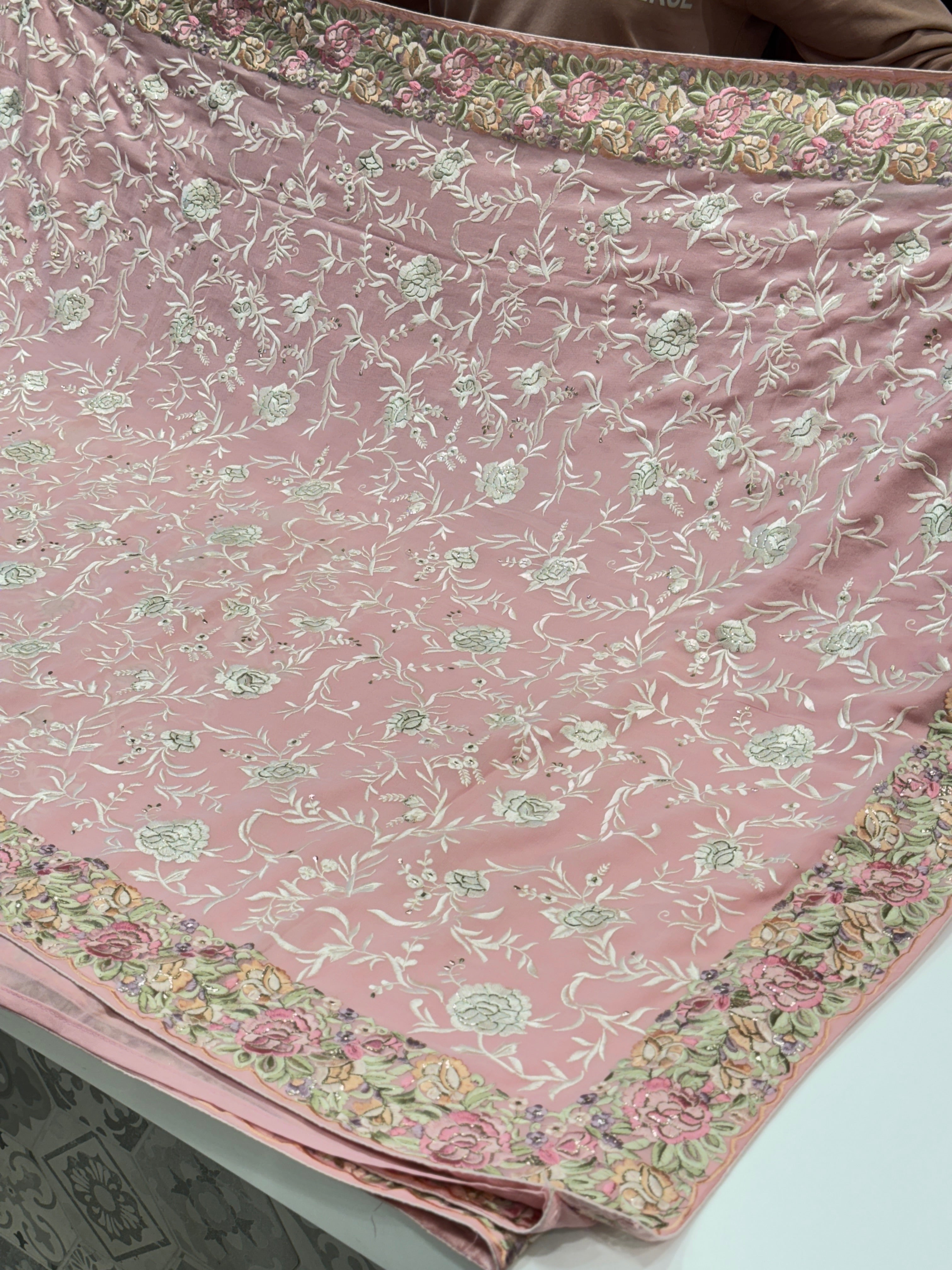 Pink Georgette Multi Parsi Gara Saree with Floral Embroidery