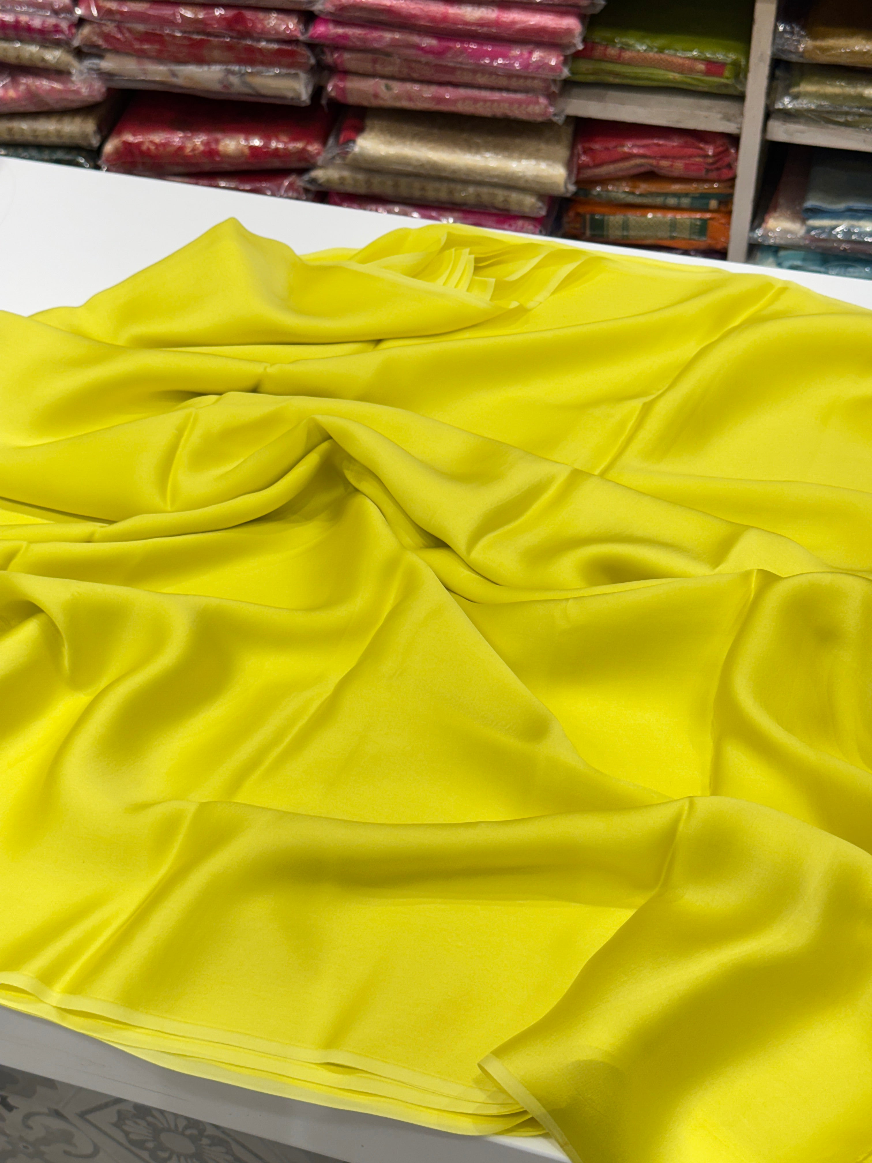 Neon Yellow Plain Satin Silk Saree