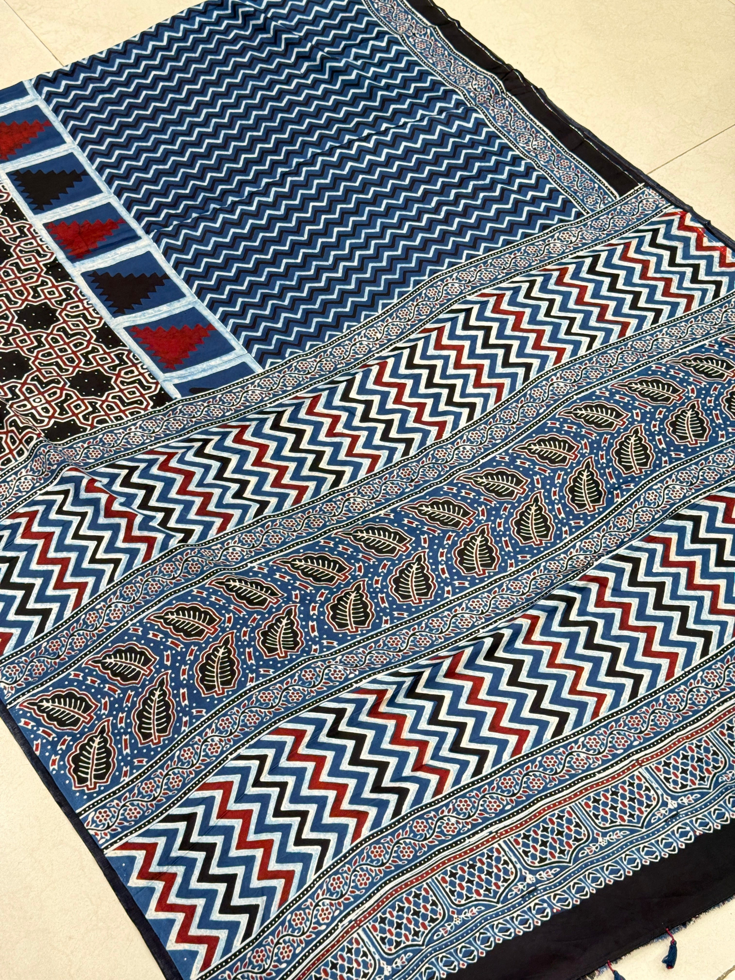 Blue Zig Zag Pallu Contemporary Modal Gajji Silk Ajrakh Saree