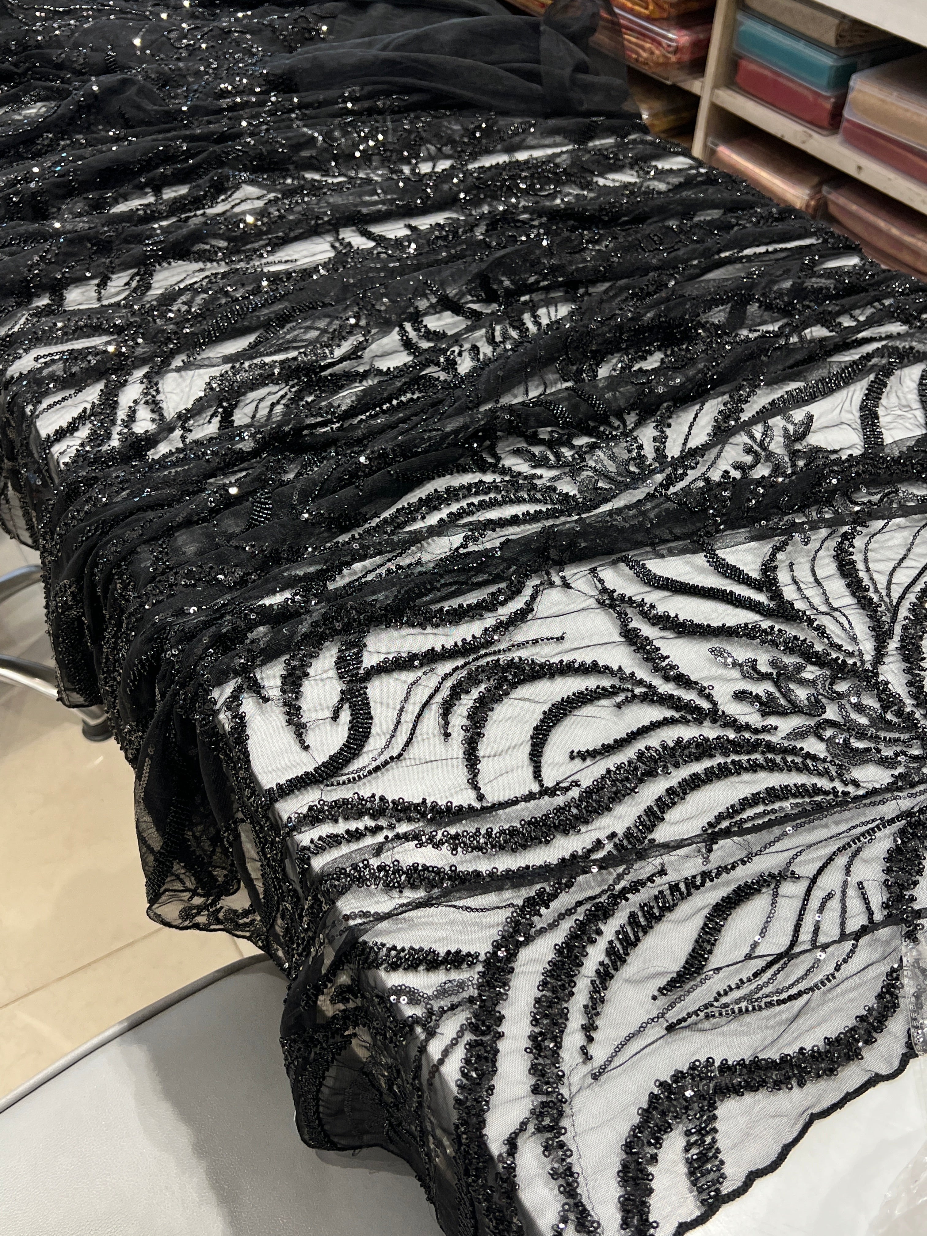 Black Soft Net Moti Sequin Embroidery Saree