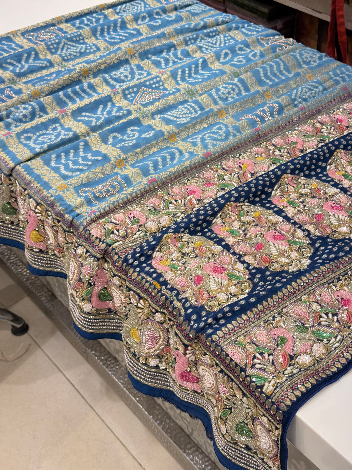 Shaded Blue Gharchola Moti Sequin Zardosi Hand Embroidery Georgette Saree