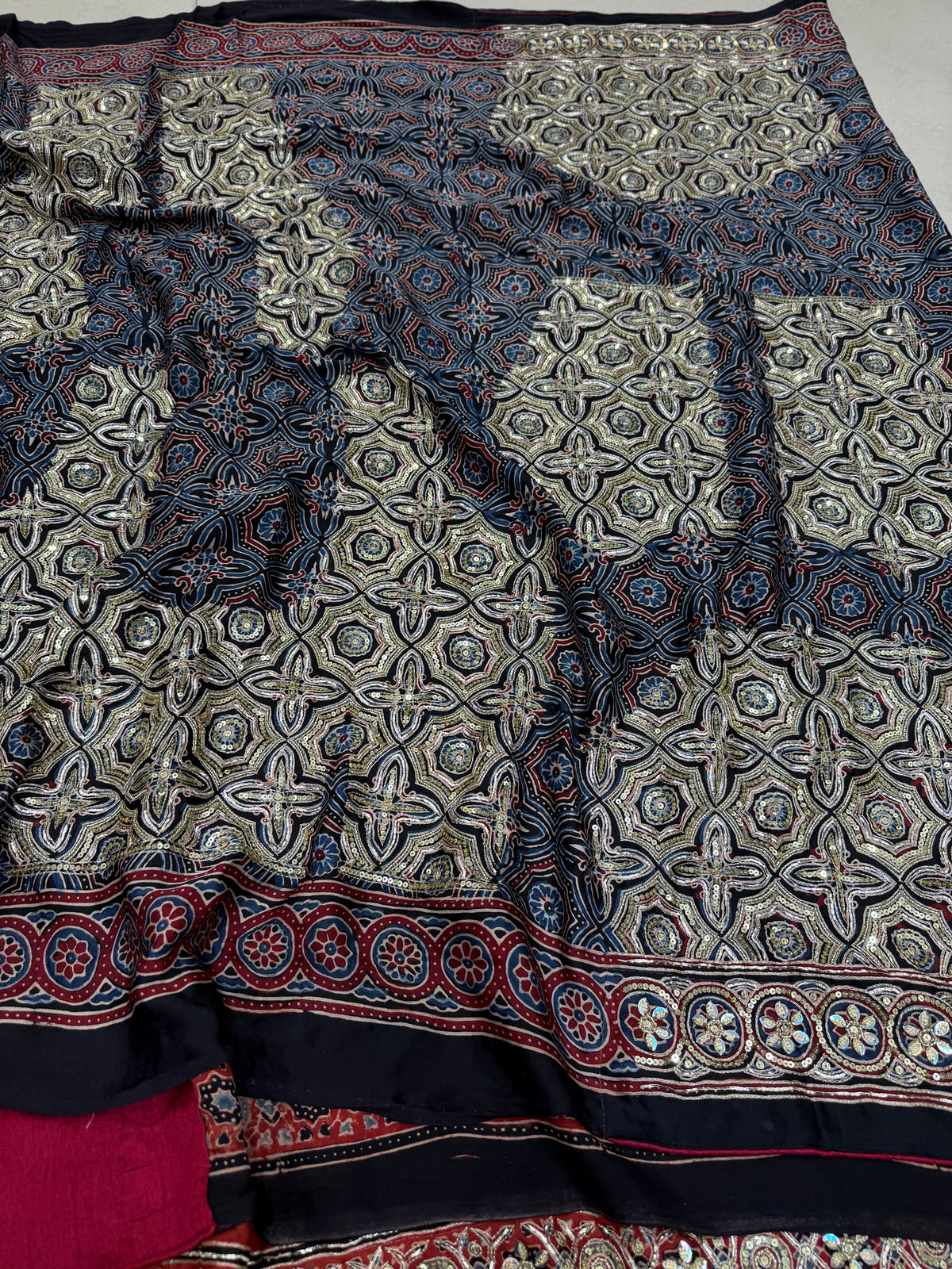 Red Buttas Pita Zardosi Sequin Ajrakh Hand Embroidery Saree