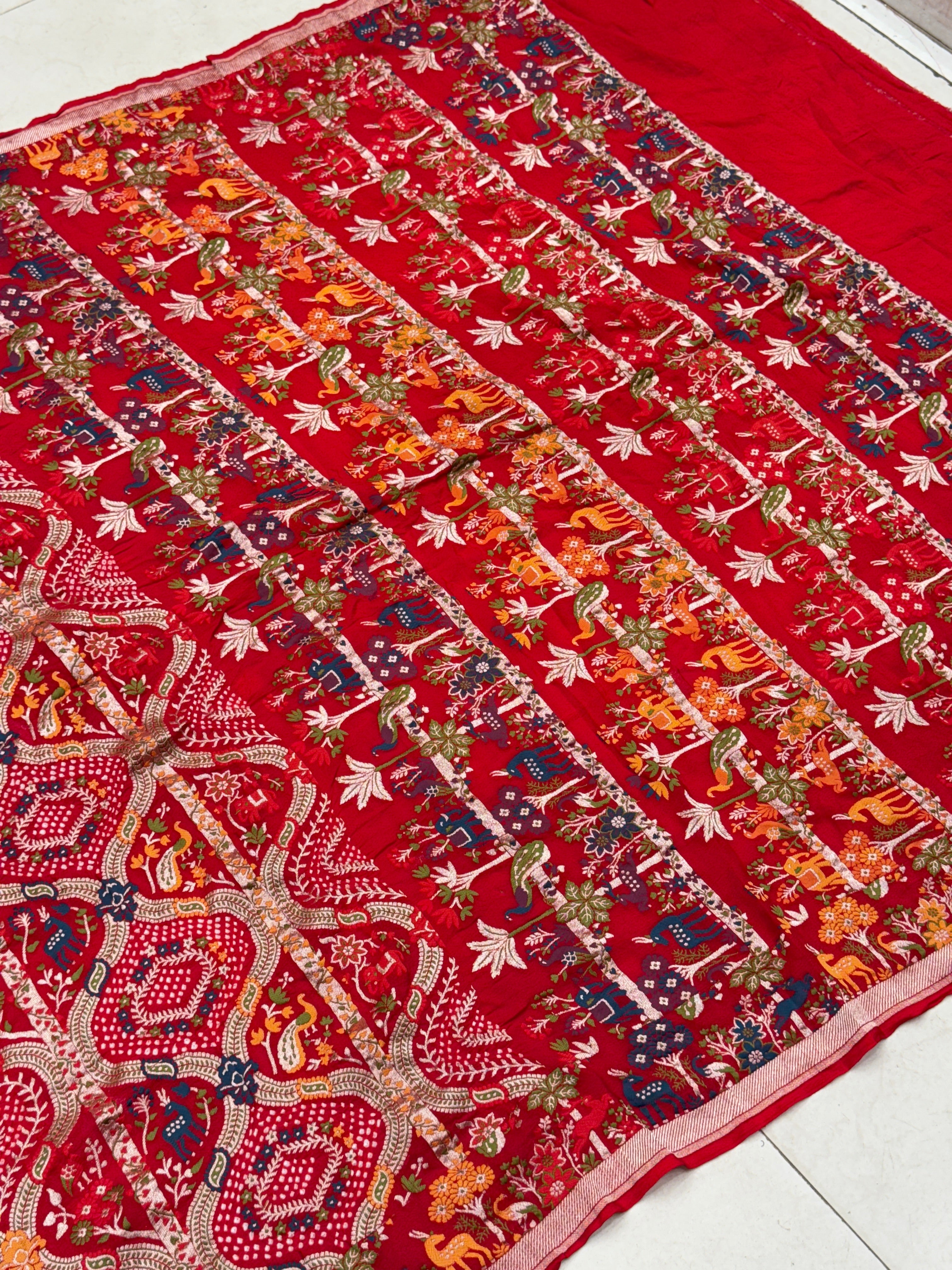 Red Meenakari Rai Bandhej Shikara Border Saree