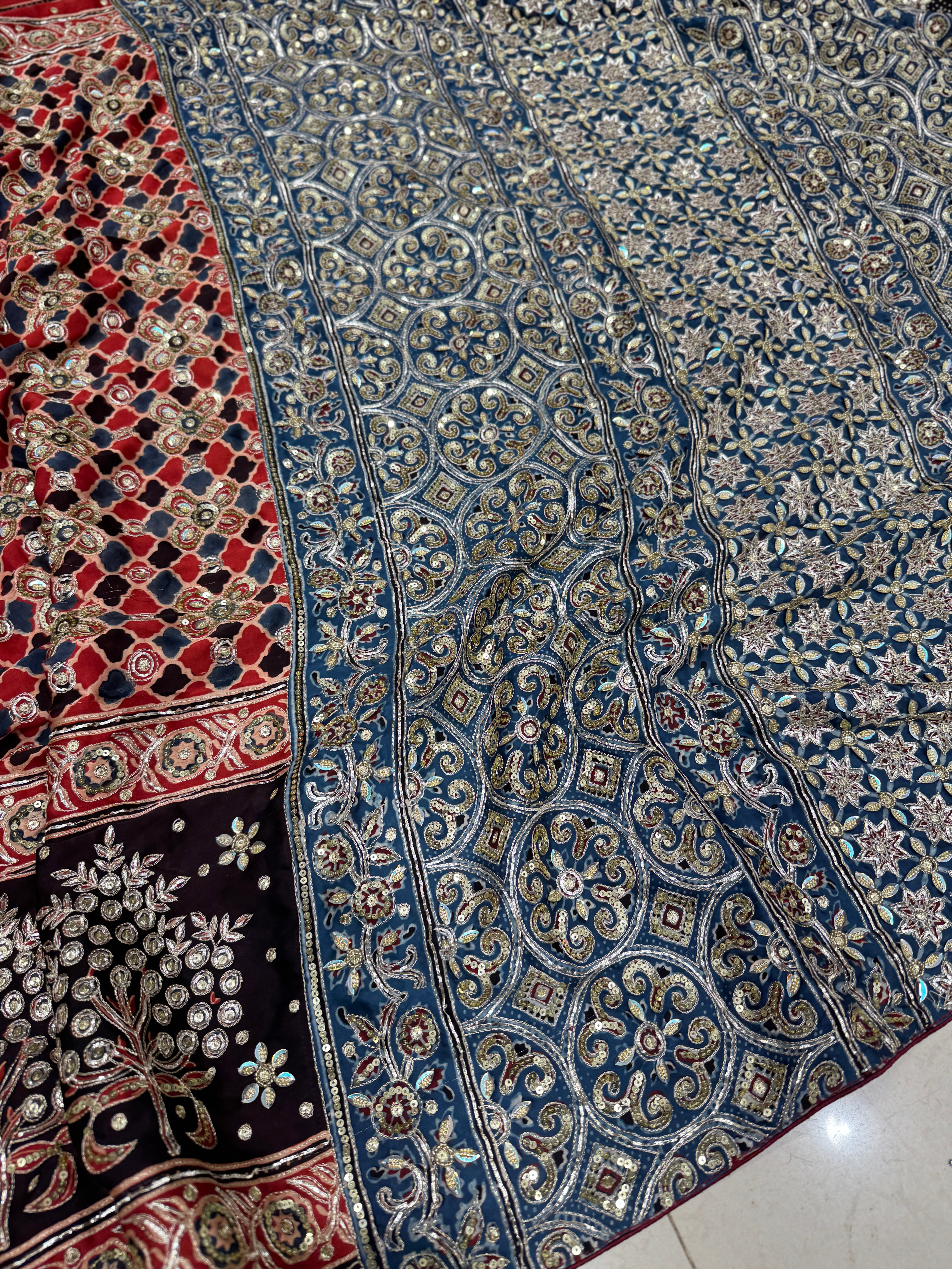 Red Blue Jali Buttas Pita Sequin Ajrakh Hand Embroidery Saree