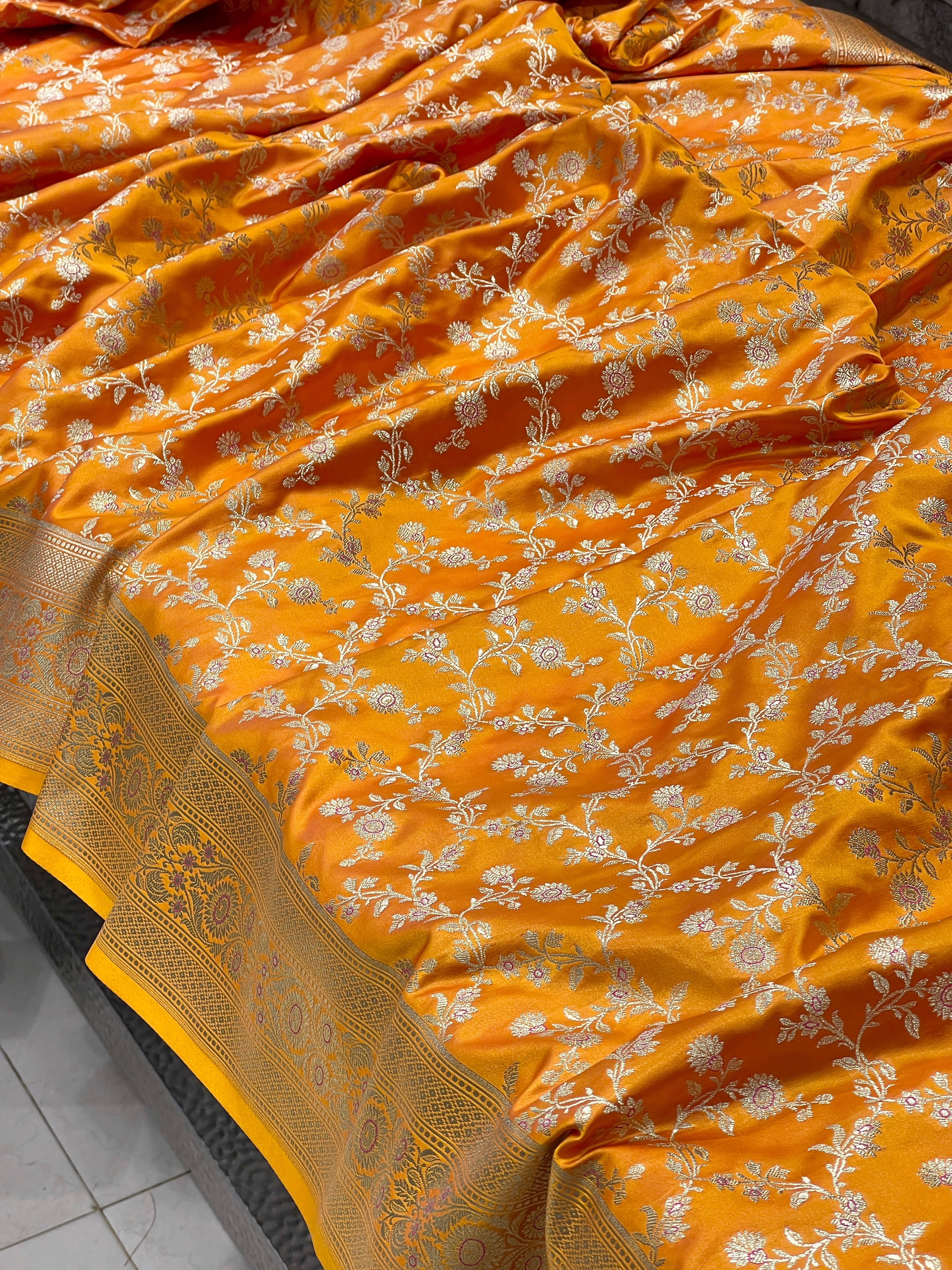 Orange Banarasi Silk Jaal Saree