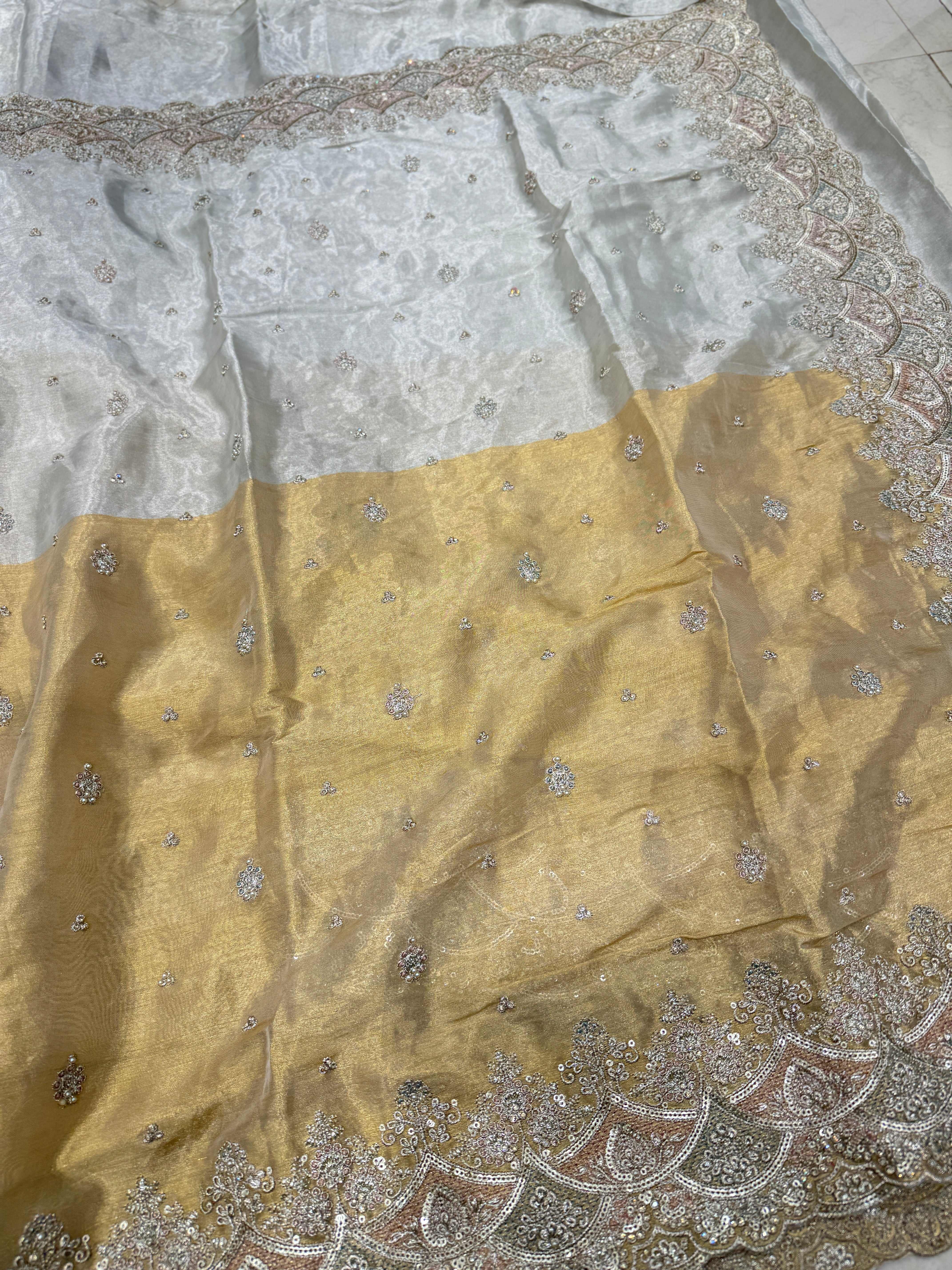 Golden Silver Soft Tissue Pita Double Scallop Embroidery Saree
