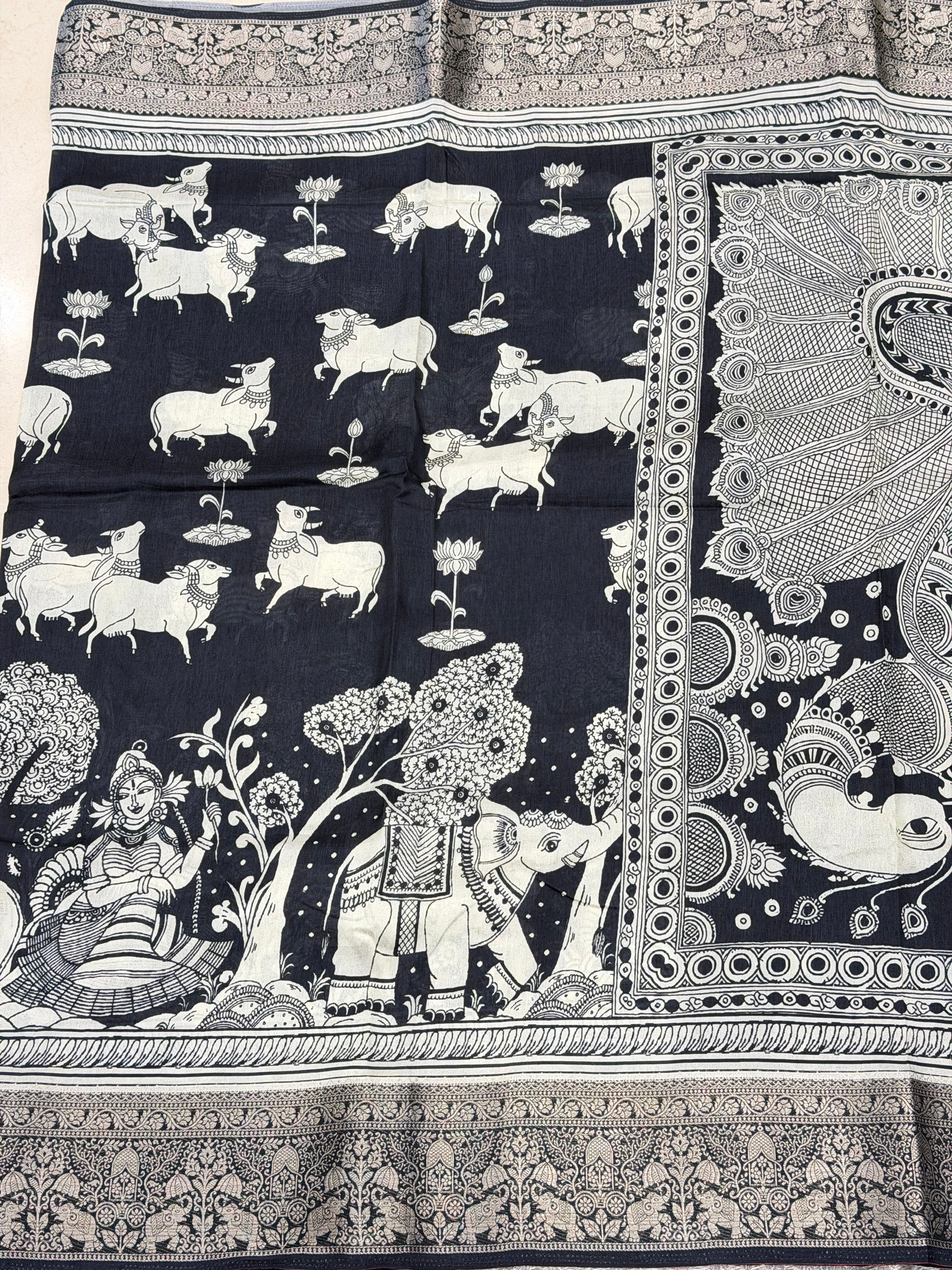 Black and White Printed Pichwai Munga Silk Saree