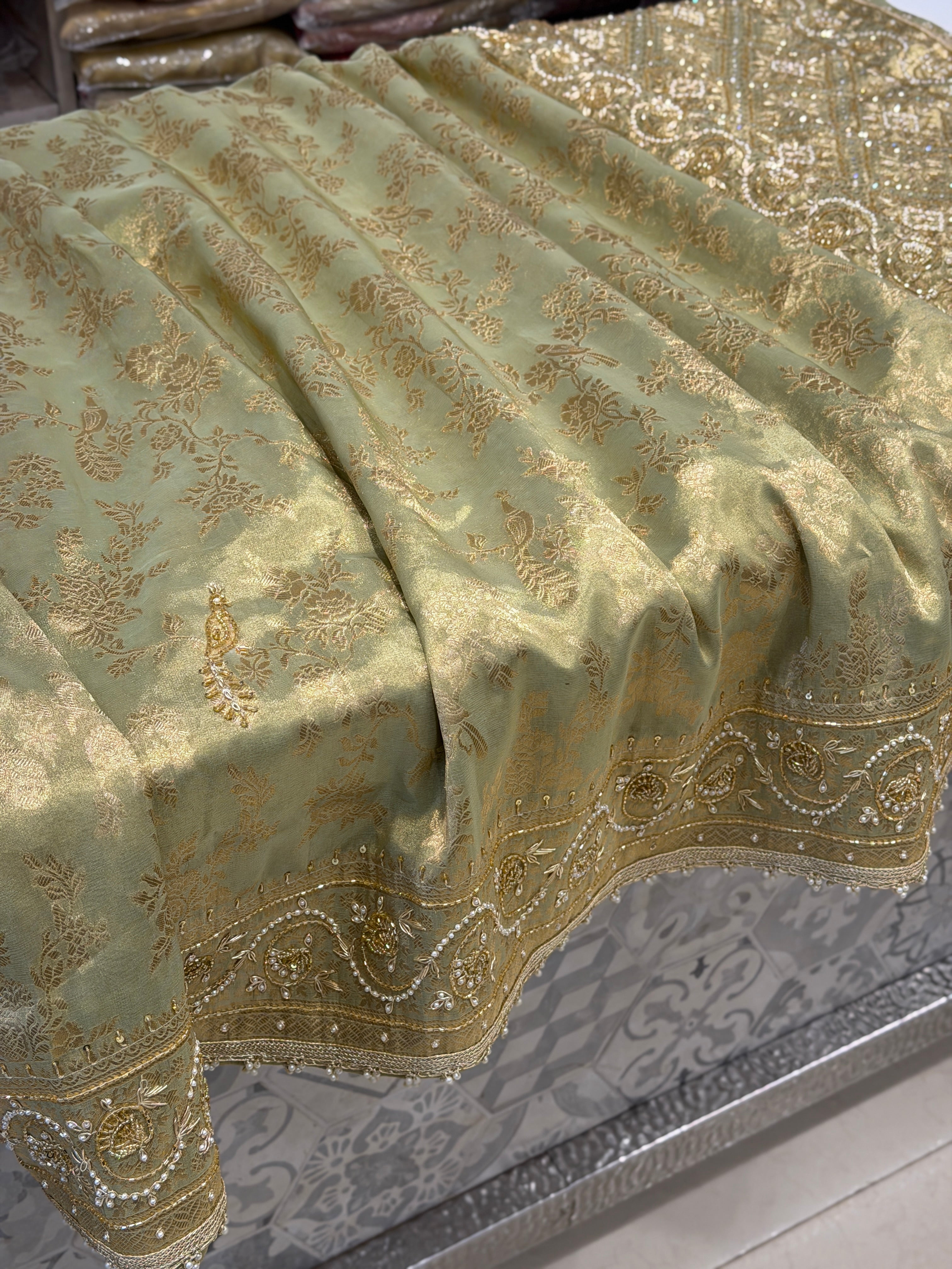 Pista Green Tissue Jaal Zardosi Moti Embroidery Saree