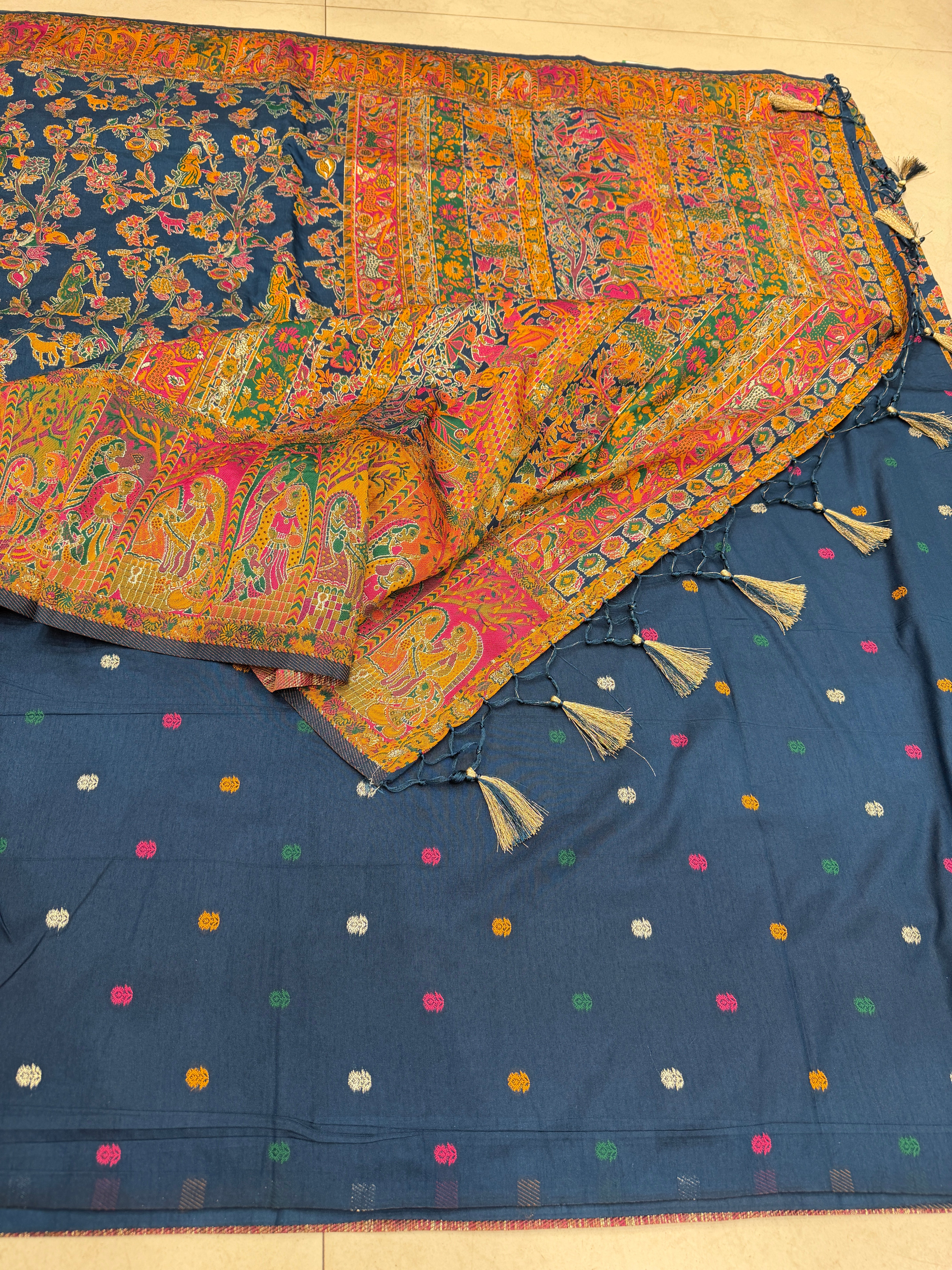 Blue Silk Weaved Pashmina Style Multi Colour Saree