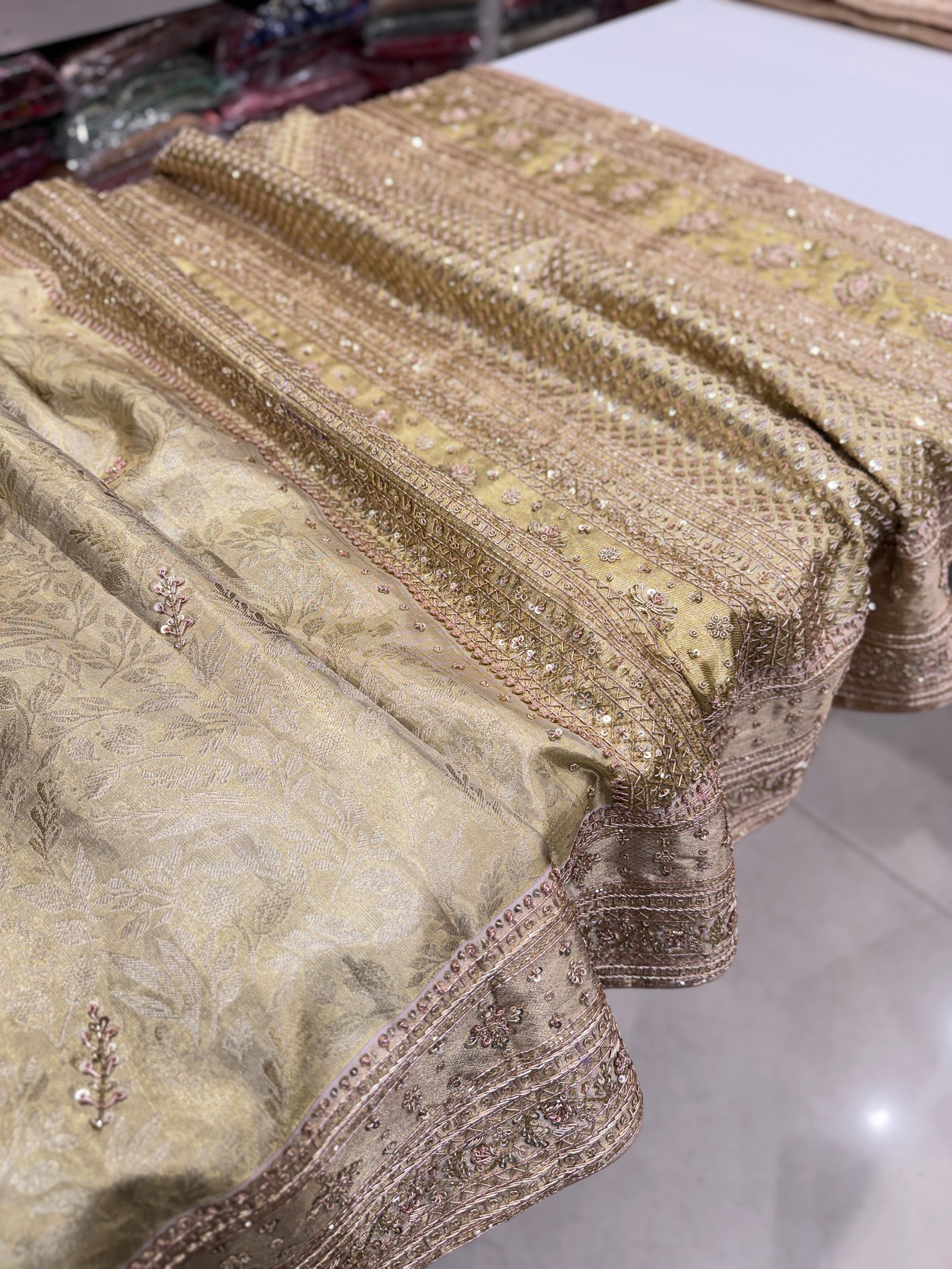 Beige Gold Tissue Kanjivaram Zardosi Hand Embroidery Saree