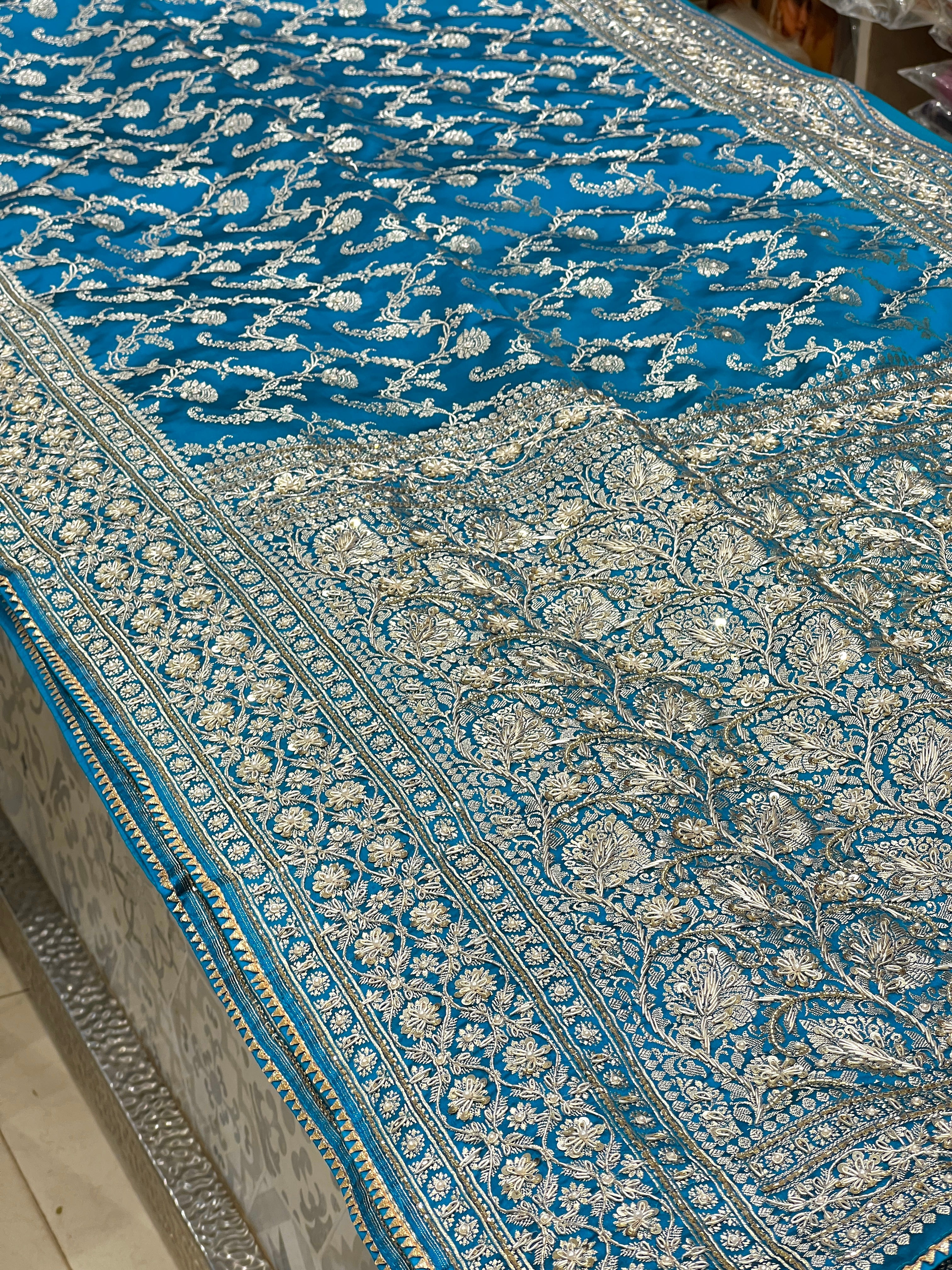 Blue Banarasi Leaf Pallu Hand Embroidery Saree