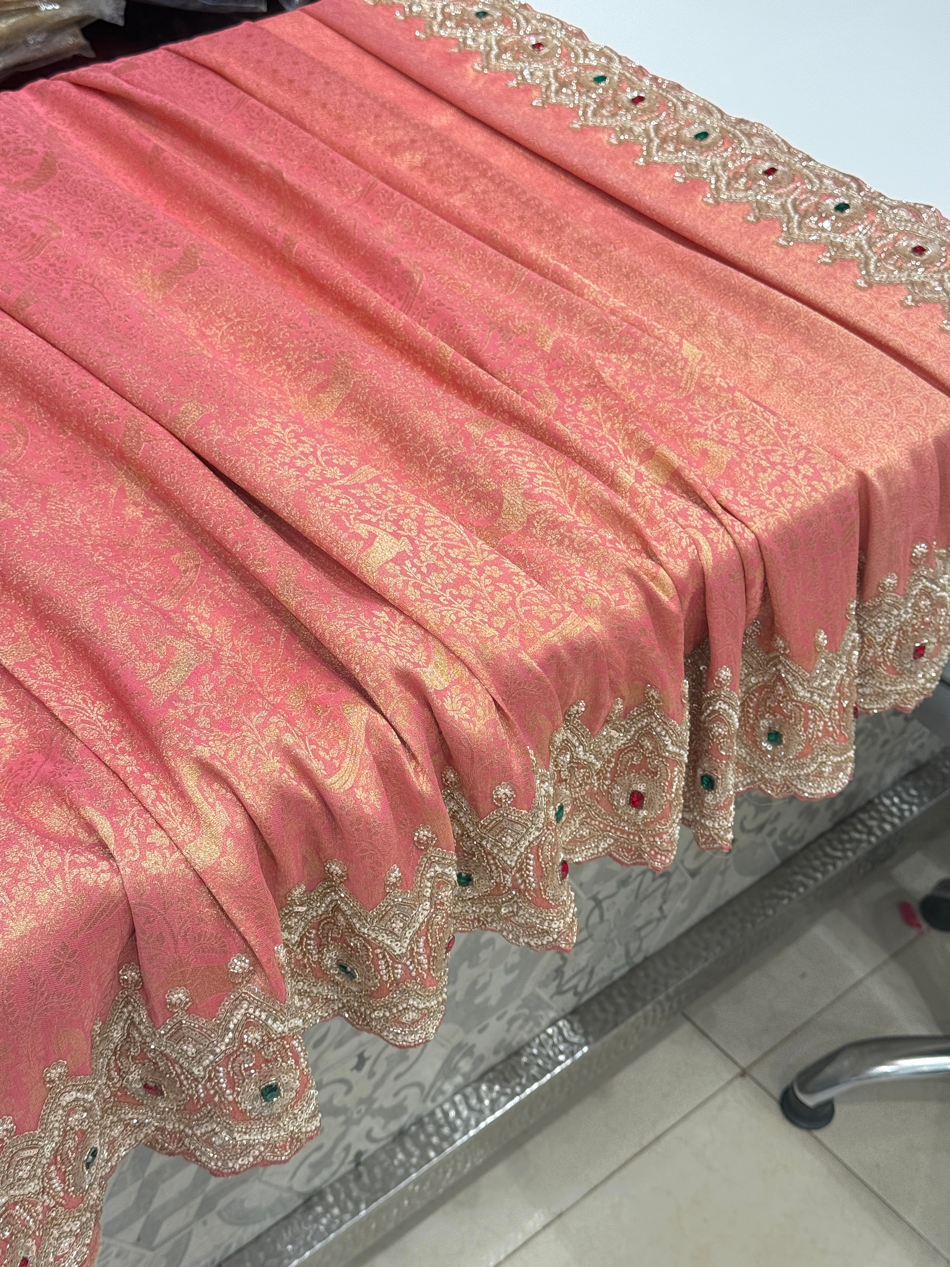 Peach Pink Tissue Crepe Shikara Style Weave Crystal Embroidery Saree