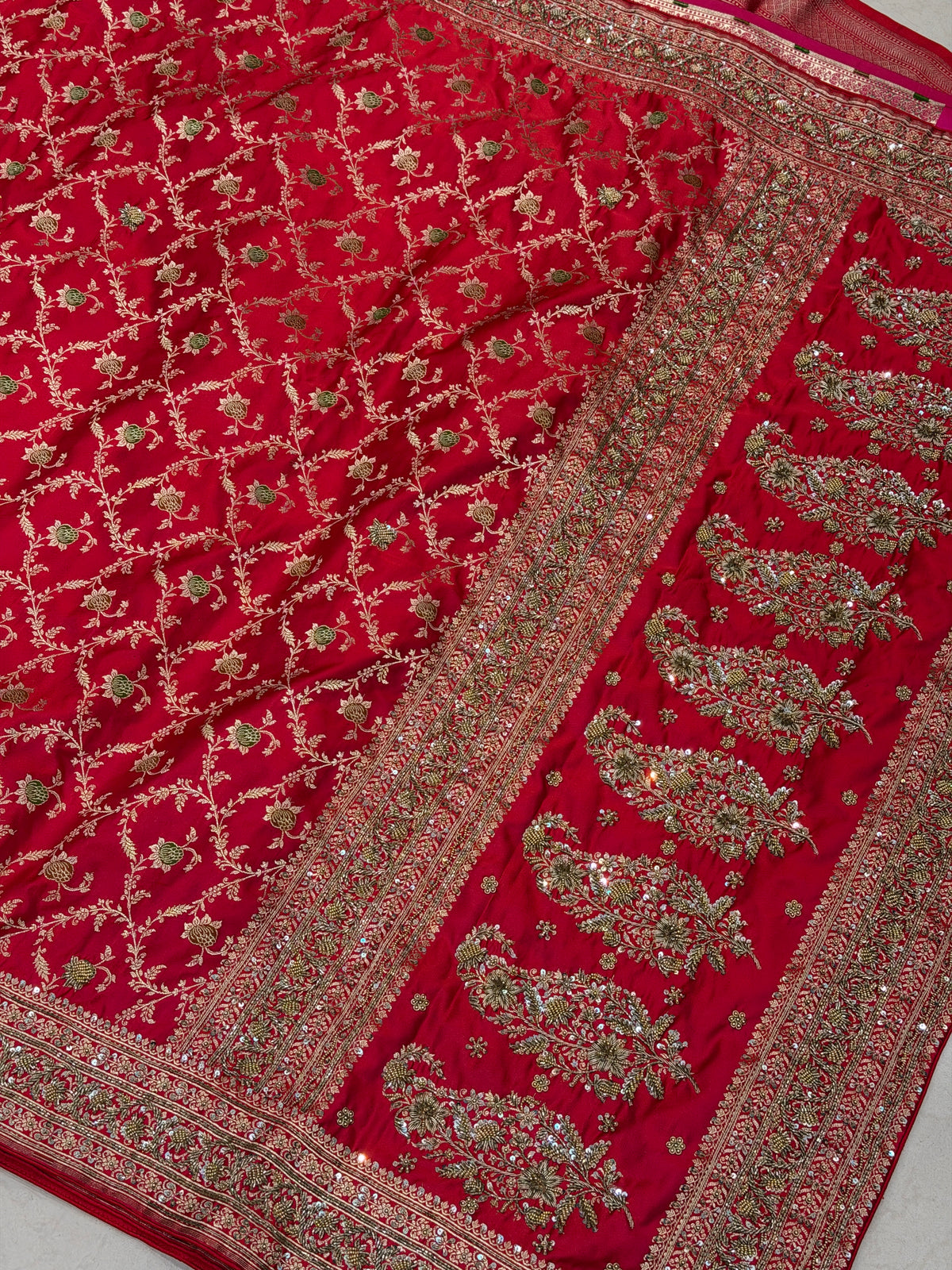 Cross Red Meenakari Banarasi Jaal Antique Zardosi Hand Embroidery Saree