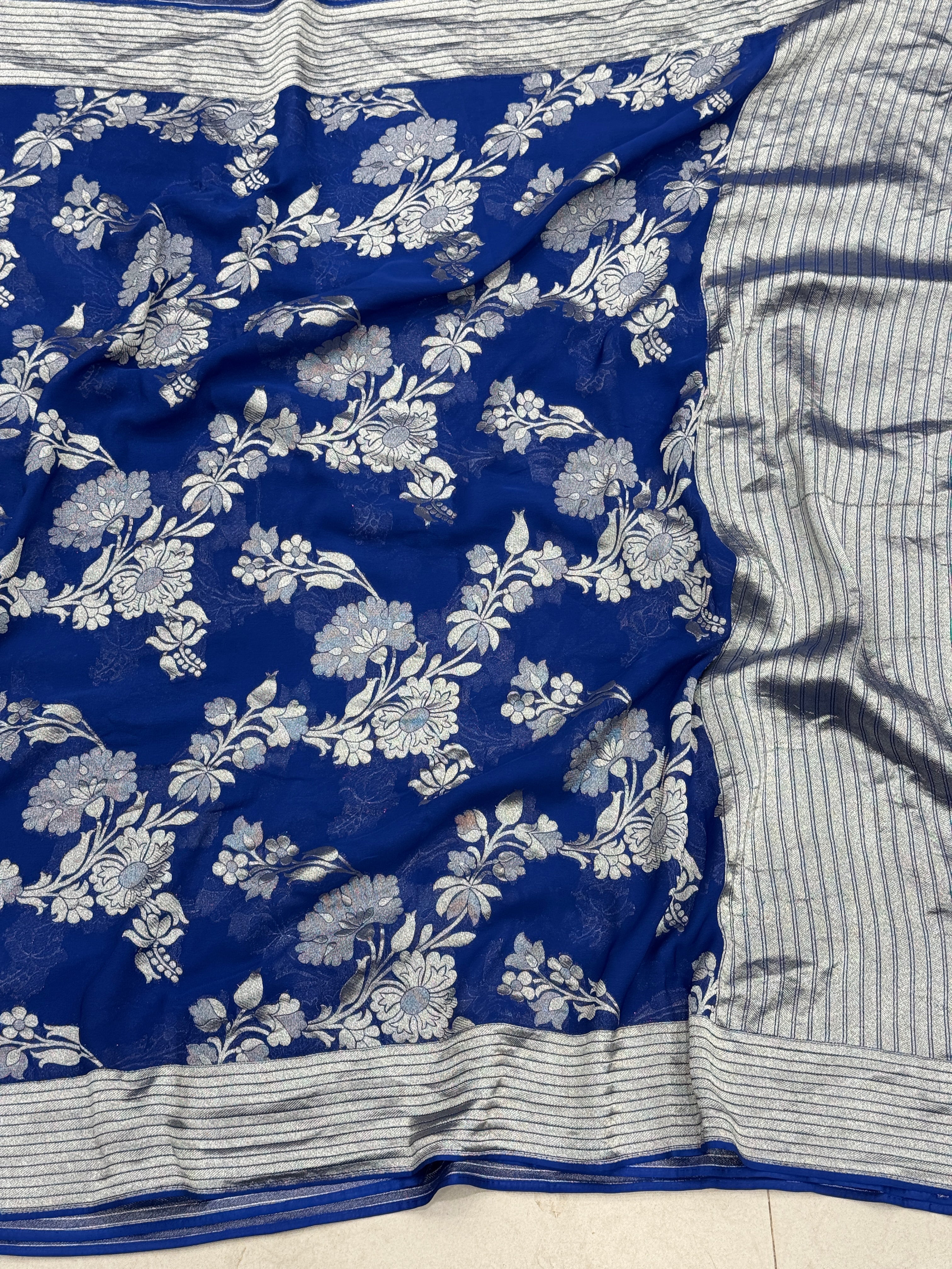 Royal Blue Banarasi Khaddi Georgette Silver Zari Jaal Saree