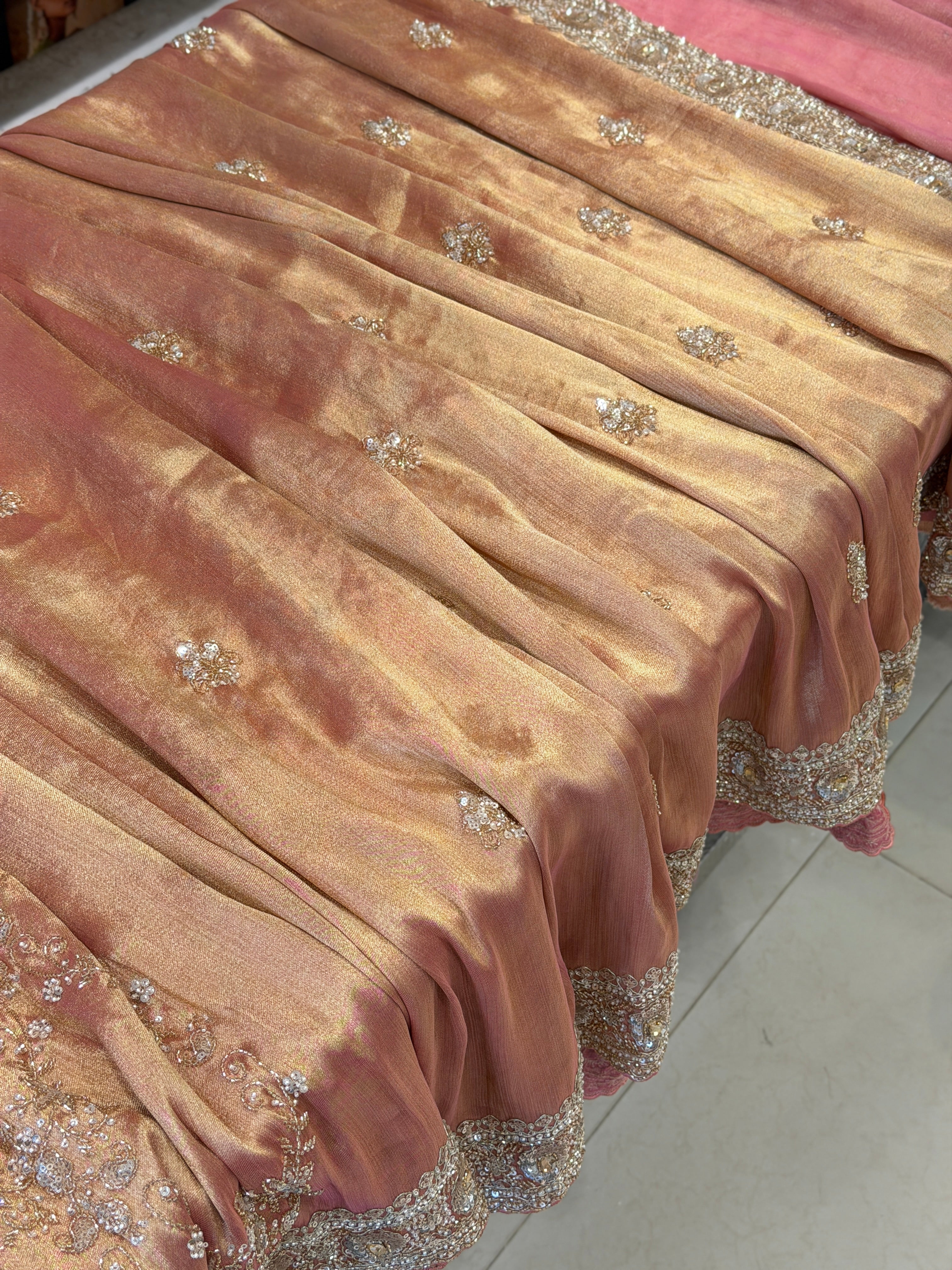 Pink Tissue Half and Half Embroidery Butta Jaal Saree