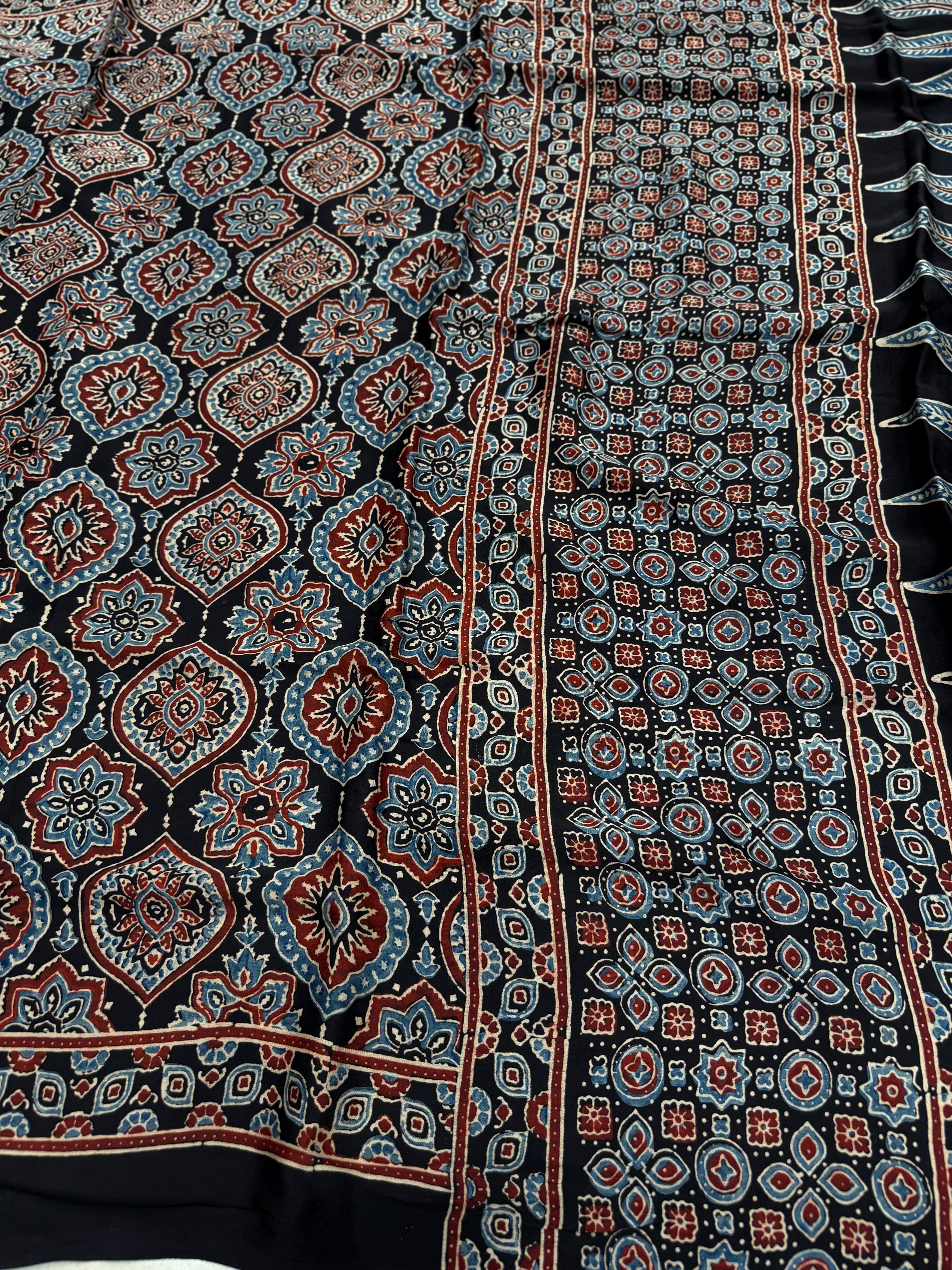 Black Badam Butti Ajrakh Hand Block Print Pure Modal Silk Saree