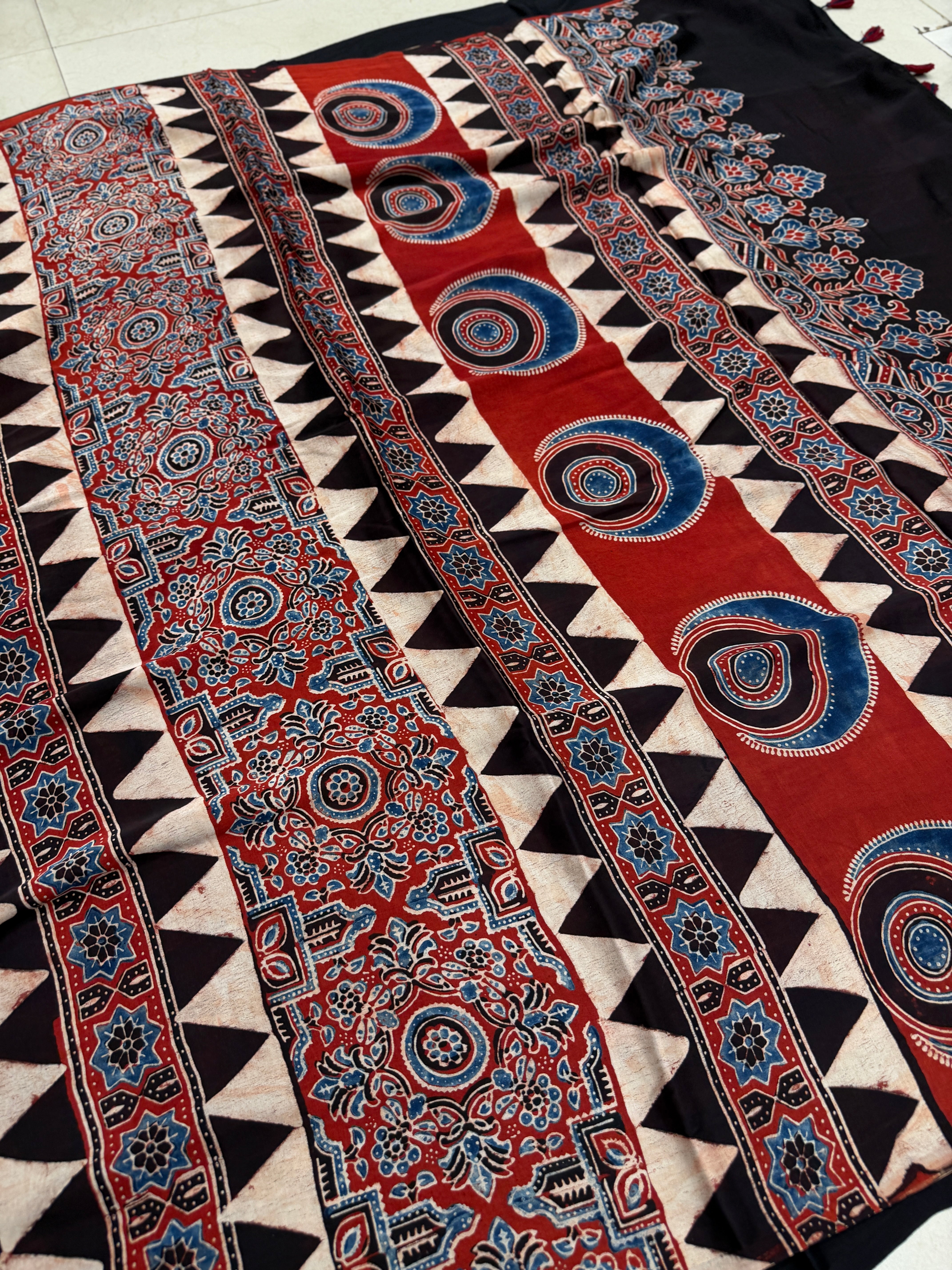 Black Plain Red Blue Pallu Ajrakh Hand Block Print Pure Modal Silk Saree